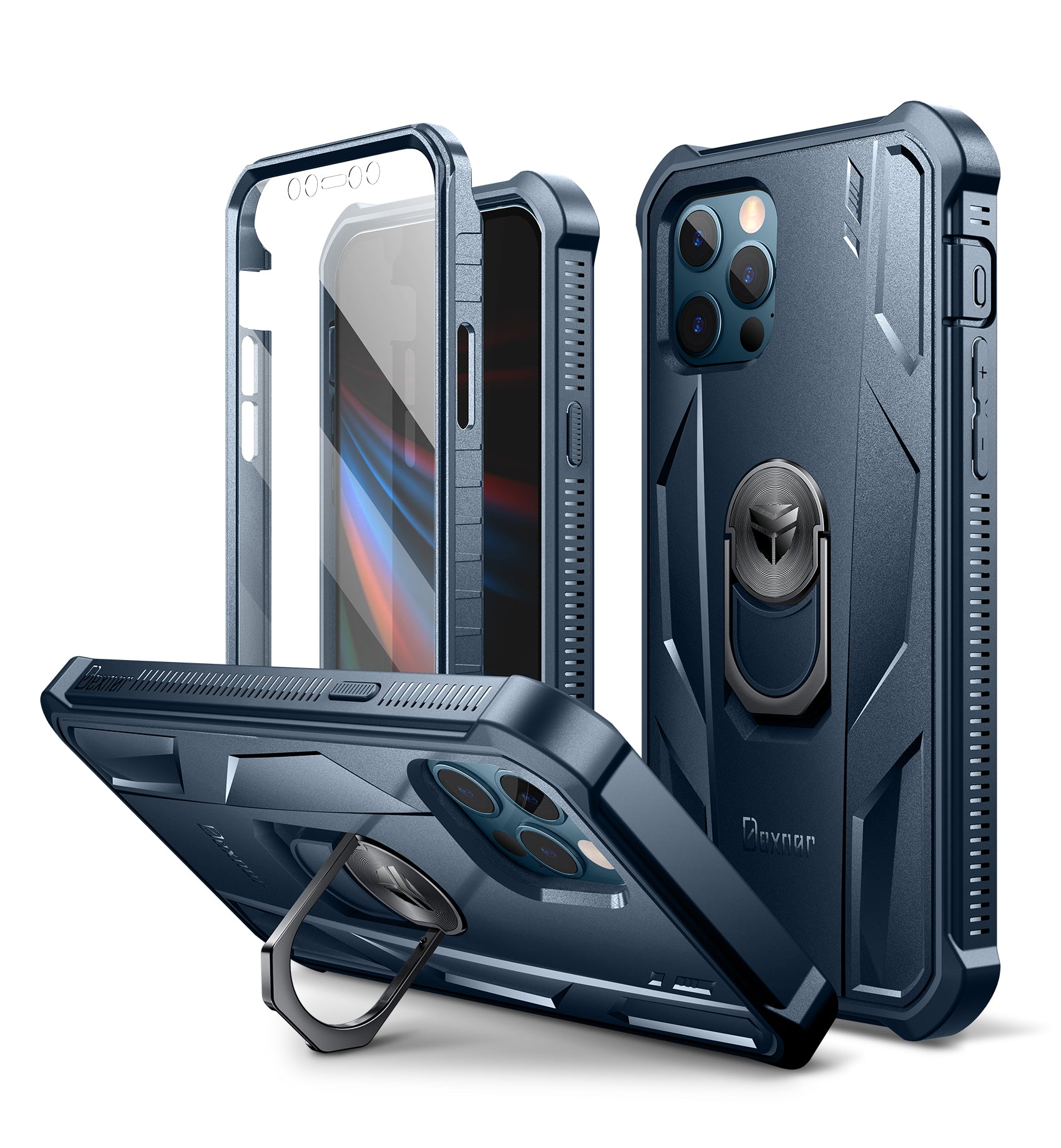Dexnor Rugged Full Body Case for iPhone 12/12 Pro with Screen Protector & Ring Kickstand Car Mount, Slim Shockproof Protective Bumper Cover with Anti Dust Plugs.