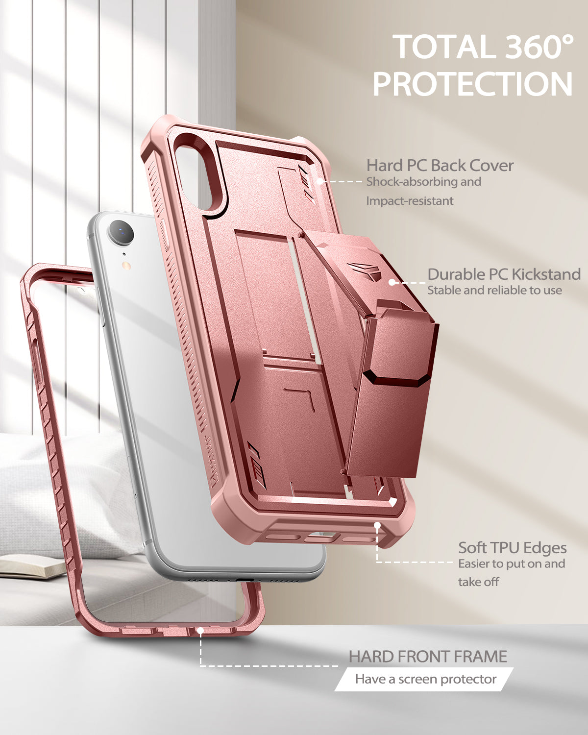 Dexnor Case for iPhone XR With Screen Protector Full Body Bumper Kickstand Heavy-duty Shockproof Rugged Cover.