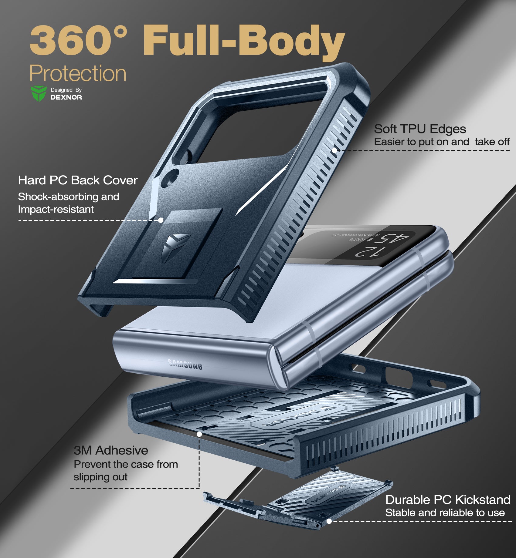 Dexnor Case for Samsung Galaxy Z Flip 4  Hinge Coverage With Screen Protector Full Body Bumper Kickstand Hinge Coverage Shockproof Rugged  Cover