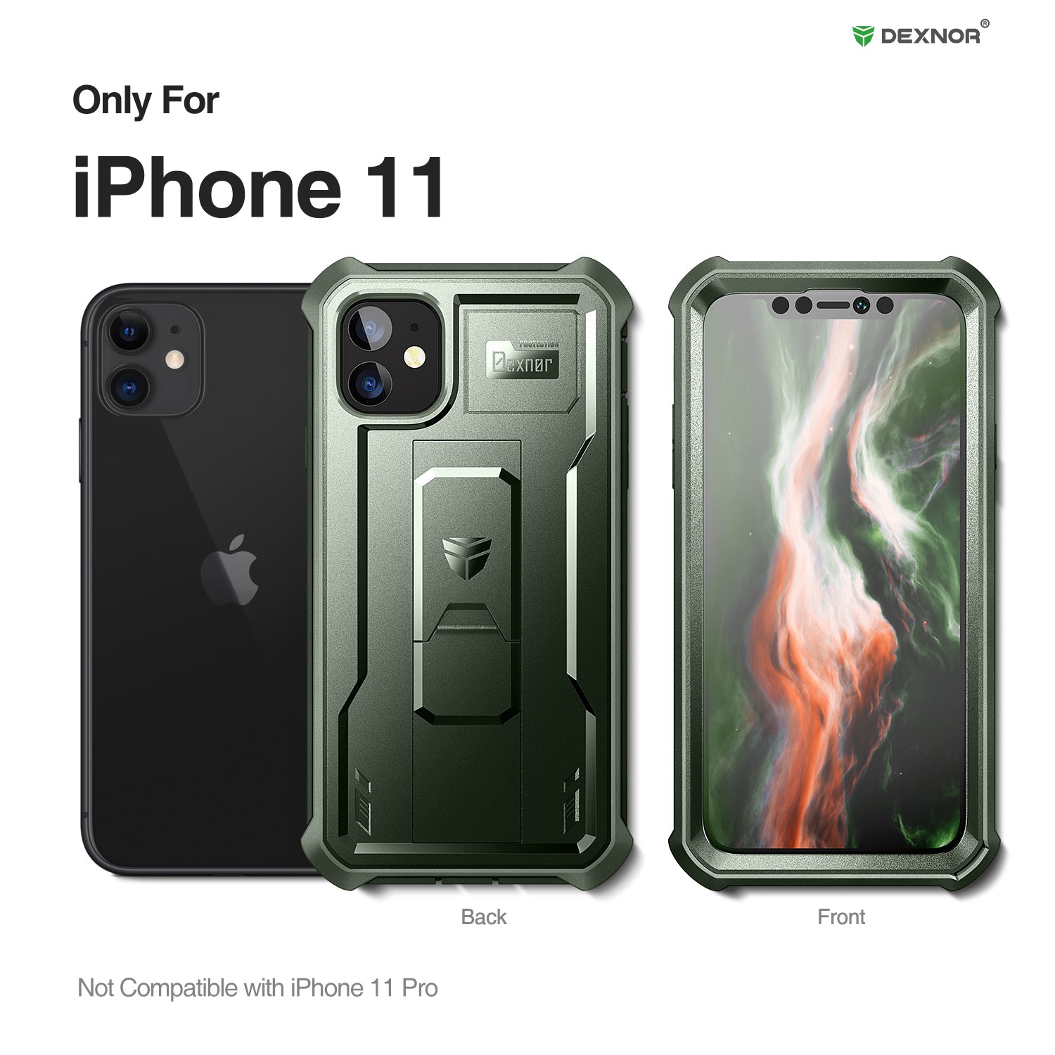 Dexnor Case for iPhone 11 With Screen Protector Full Body Bumper Kickstand Heavy-duty Shockproof Rugged Cover.