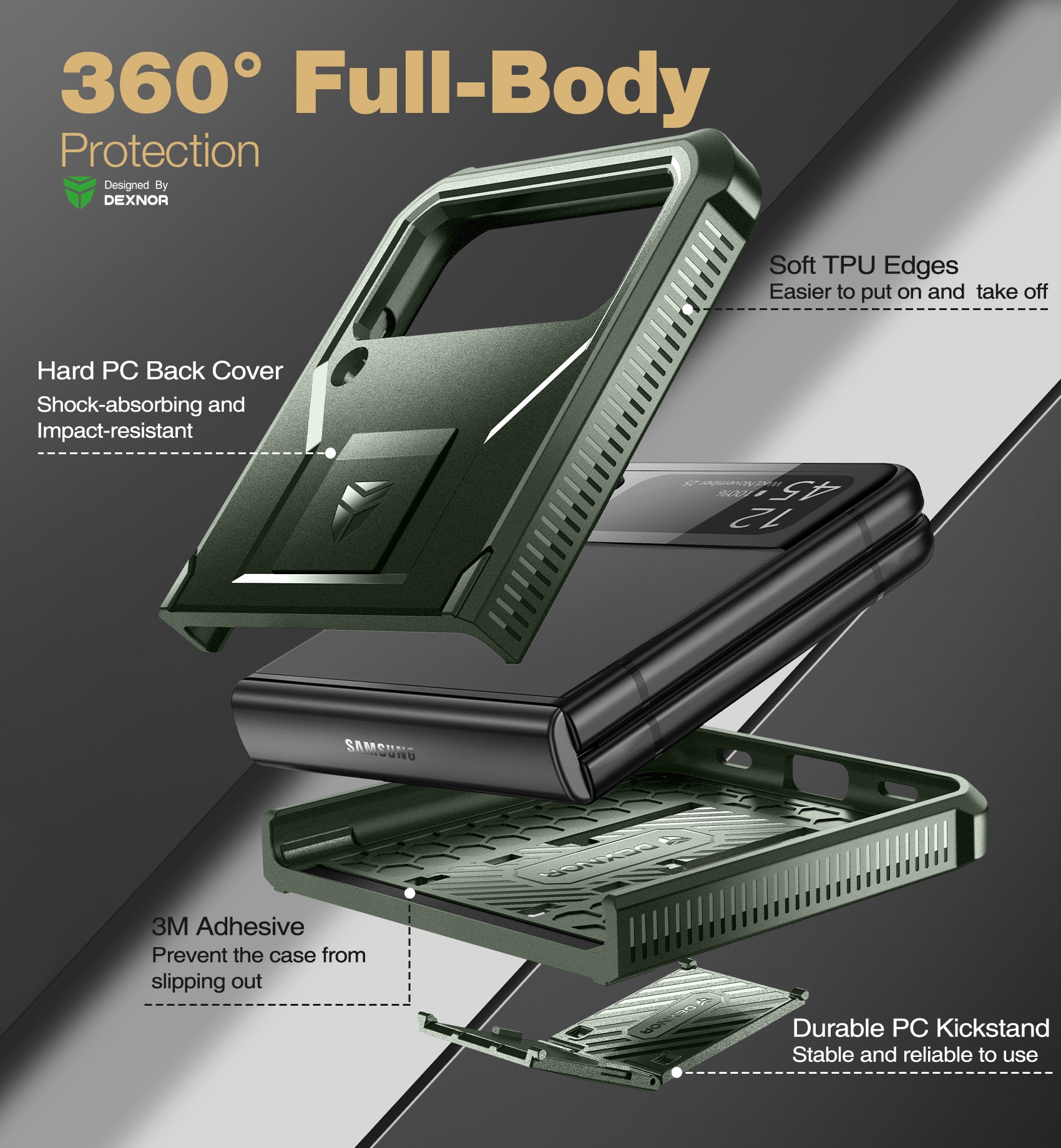 Dexnor Case for Samsung Galaxy Z Flip 4  Hinge Coverage With Screen Protector Full Body Bumper Kickstand Hinge Coverage Shockproof Rugged  Cover