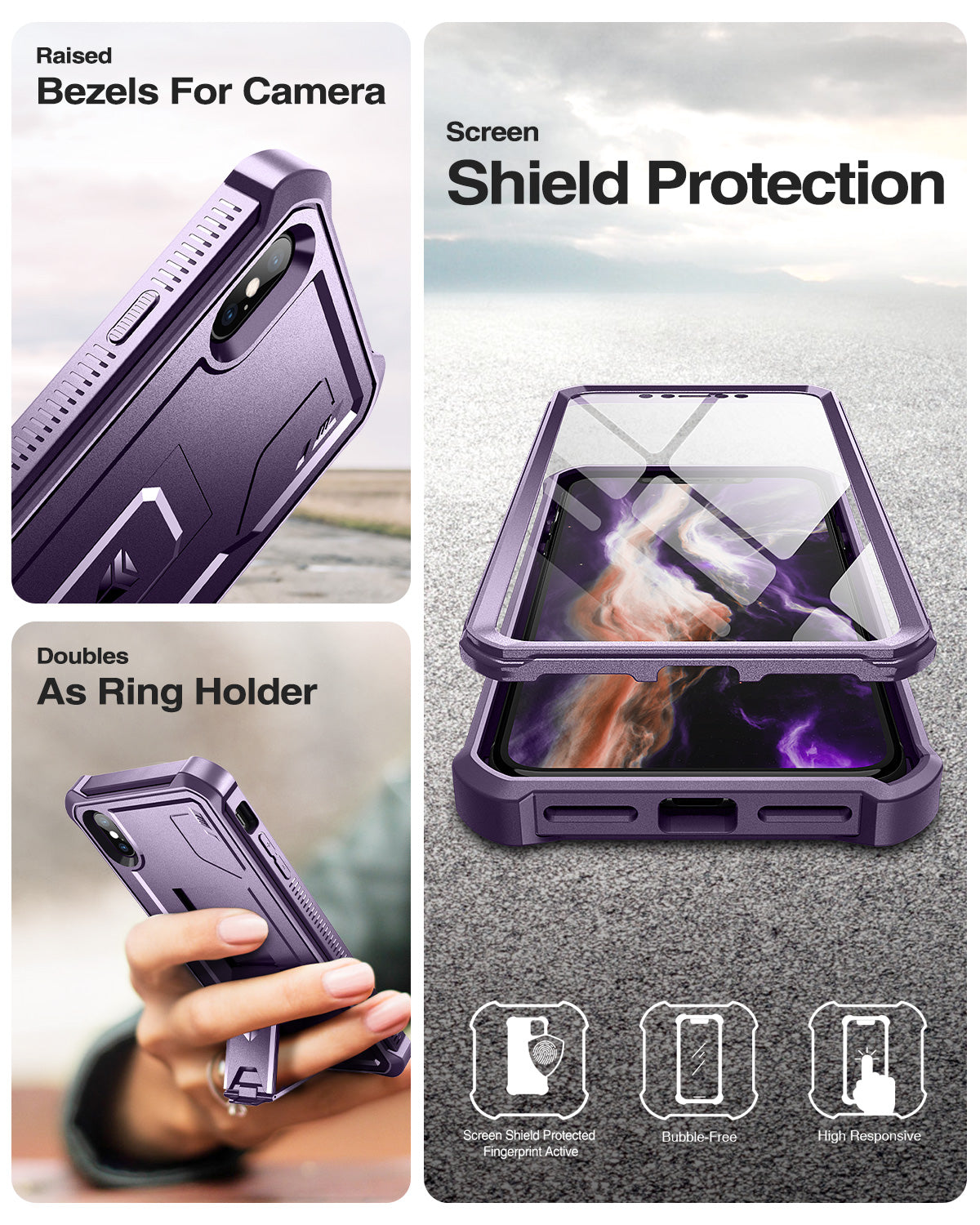 Dexnor Case for iPhone XS Max With Screen Protector Full Body Bumper Kickstand Heavy-duty Shockproof Rugged Cover.