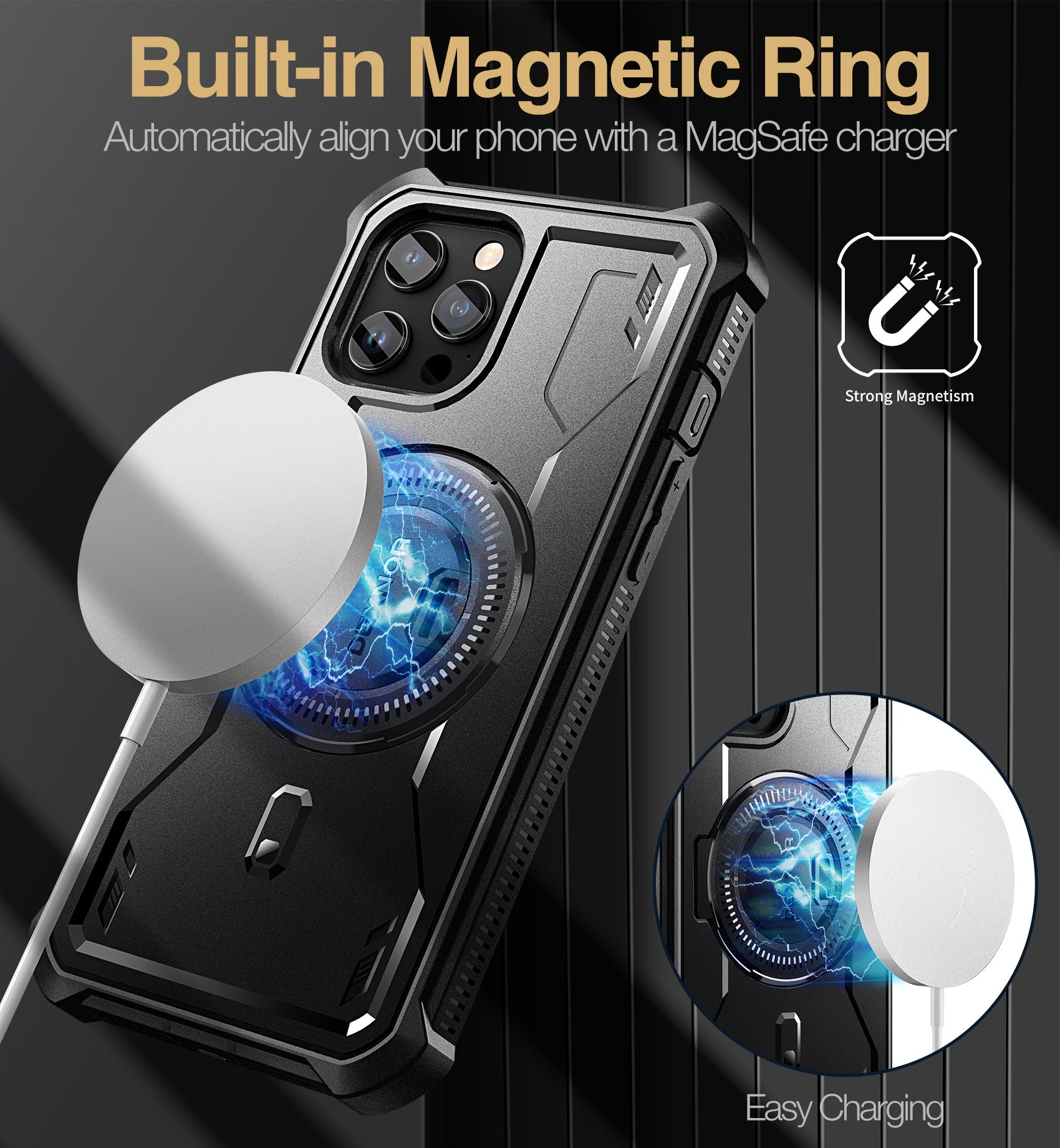 Dexnor Black Case For iPhone 12 Pro Max With MagSafe Heavy-duty Shockproof Full Body Built-in Screen Protector Adjustable Kickstand