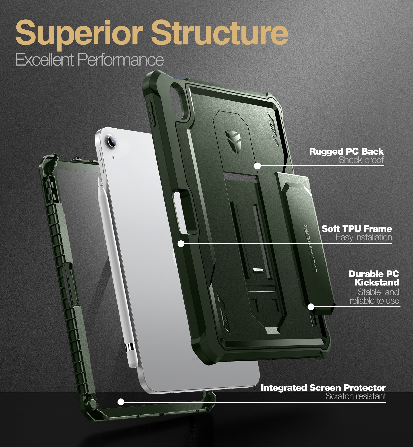 Dexnor Tablet Case for iPad 2022 With Screen Protector Full Body Bumper Kickstand Heavy-duty Shockproof Rugged Pen Holder Cover.