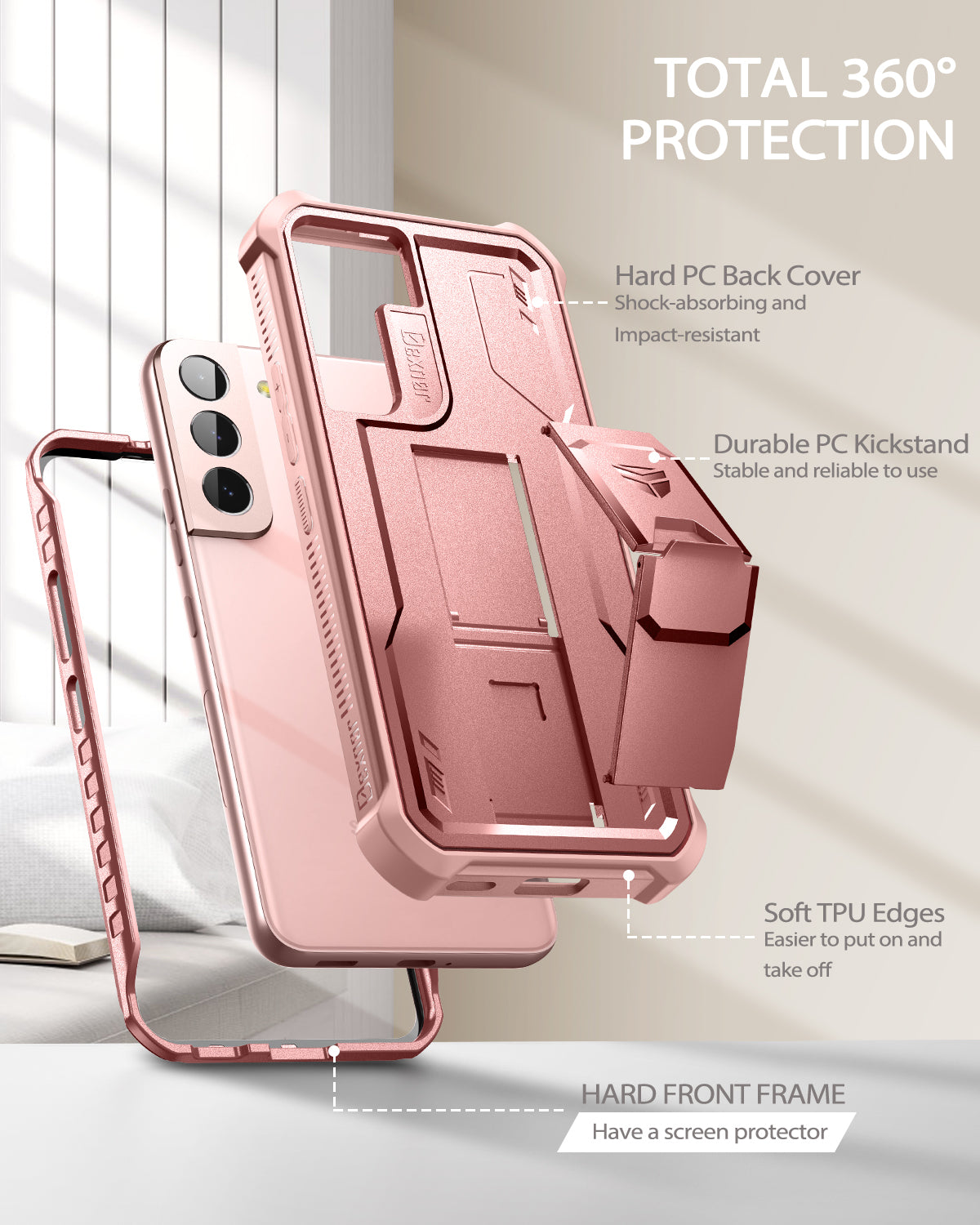 Dexnor Case for Samsung Galaxy S22 With Single Screen Protector Full Body Bumper Kickstand Heavy-duty Shockproof Rugged Cover.