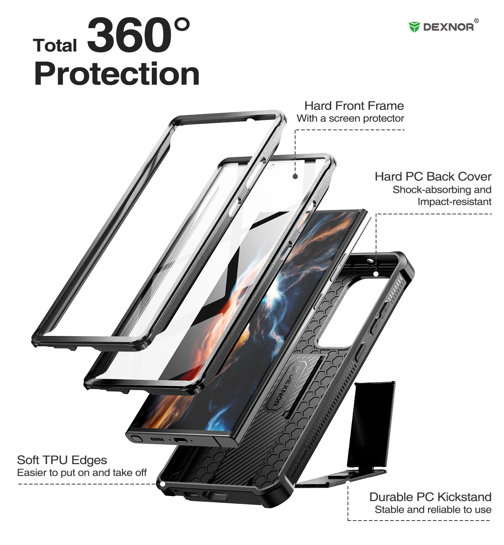 Dexnor Case for Samsung Galaxy S23 Ultra With Screen Protector Full Body Bumper Kickstand Heavy-duty Shockproof Cover