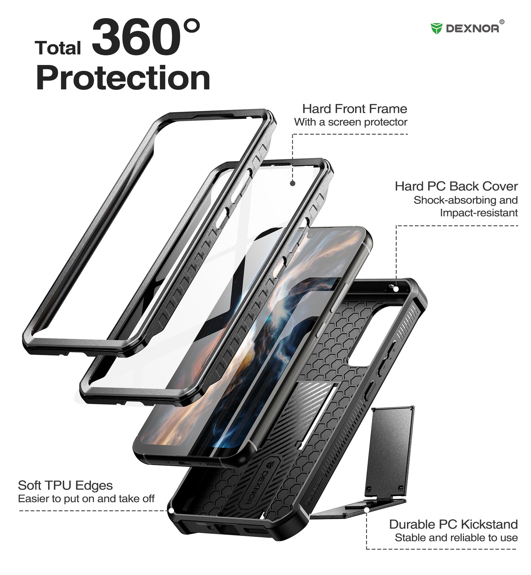 Dexnor Case for Samsung Galaxy A34 5G With Screen Protector Full Body Bumper Kickstand Heavy-duty Shockproof Rugged Cover.