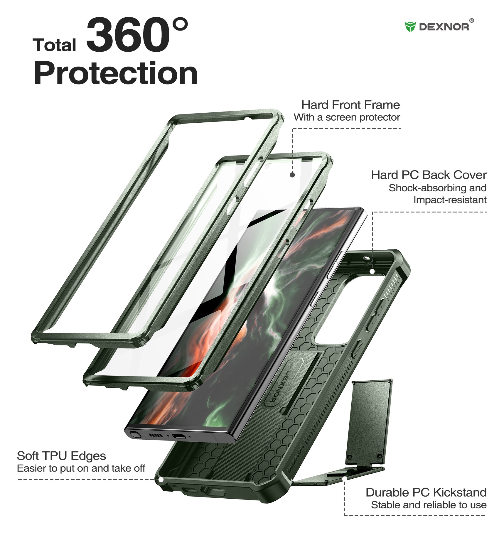 Dexnor Case for Samsung Galaxy S23 Ultra With Screen Protector Full Body Bumper Kickstand Heavy-duty Shockproof Cover
