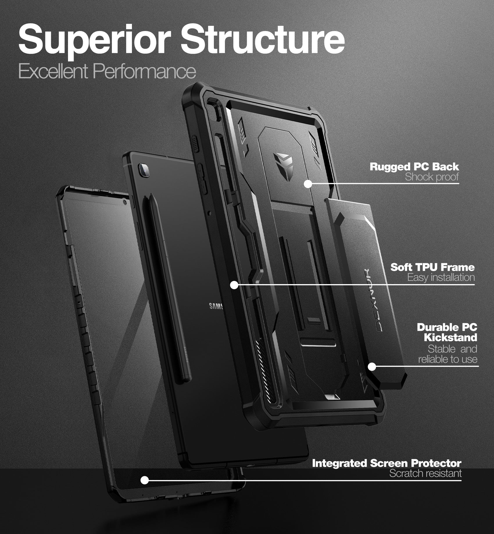 Dexnor Tablet Case for Samsung Galaxy Tab S6 lite With Screen Protector Full Body Bumper Kickstand Heavy-duty Shockproof Rugged Pen Holder Cover.