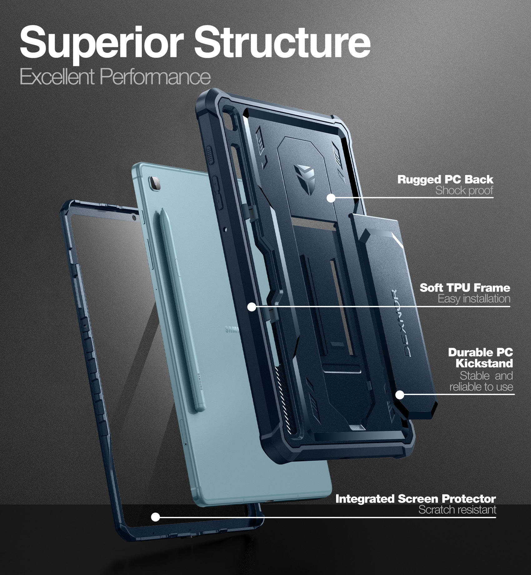 Dexnor Tablet Case for Samsung Galaxy Tab S6 lite 2020/2022/2024 With Screen Protector Full Body Bumper Kickstand Heavy-duty Shockproof Rugged Pen Holder Cover.