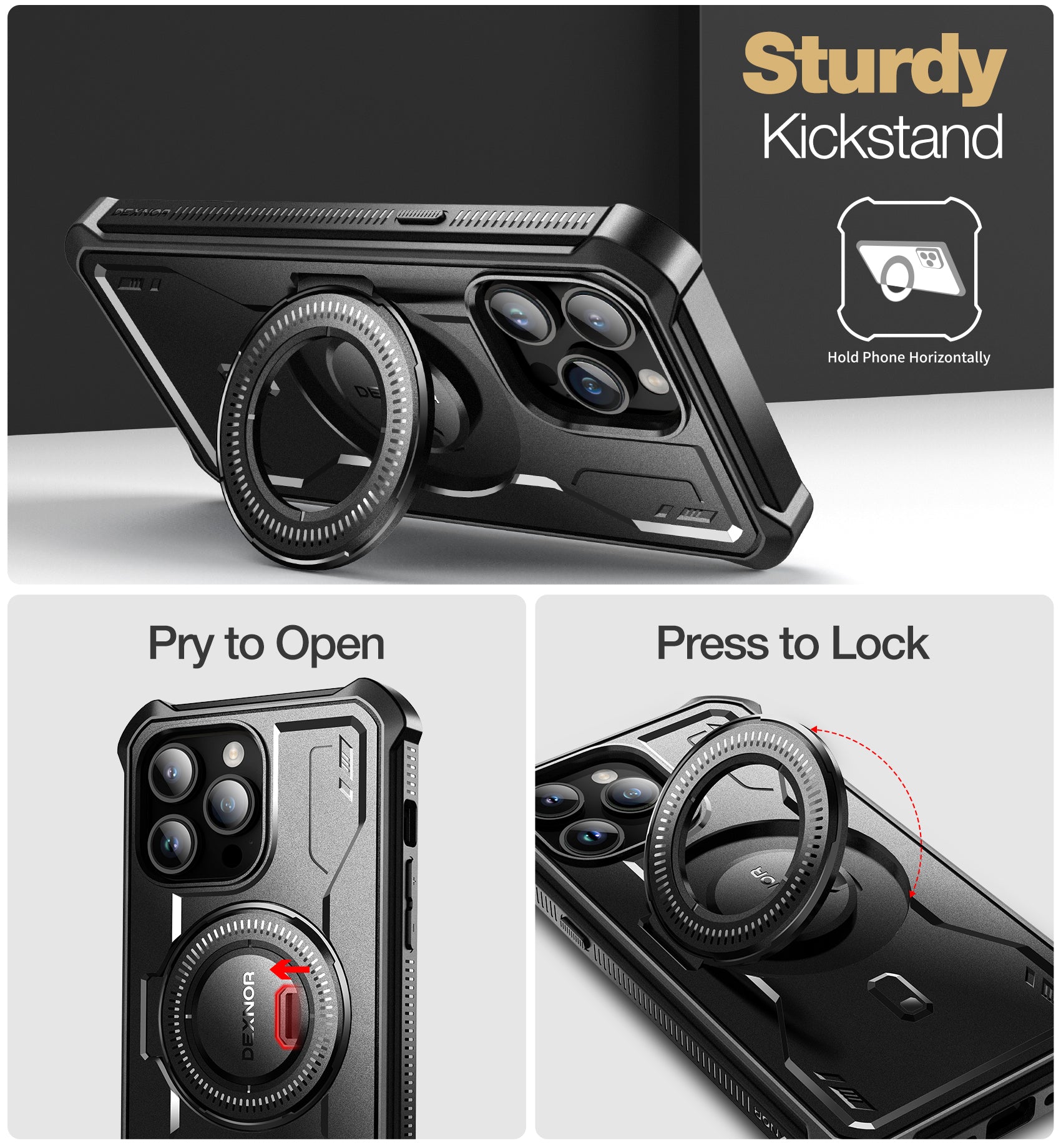 Dexnor for iphone 14 Pro Max Case Heavy-duty Shockproof Full Body Built-in Screen Protector Adjustable Kickstand