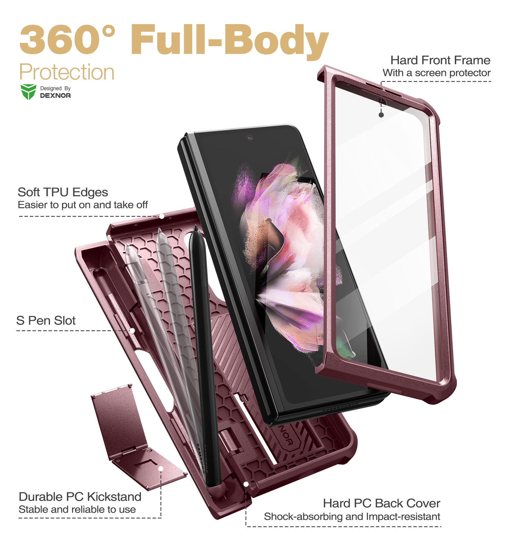 Dexnor Case for Samsung Galaxy Z Fold 3 With Hinge Coverage Screen Protector Full Body Bumper Kickstand Heavy-duty Shockproof Rugged Cover.