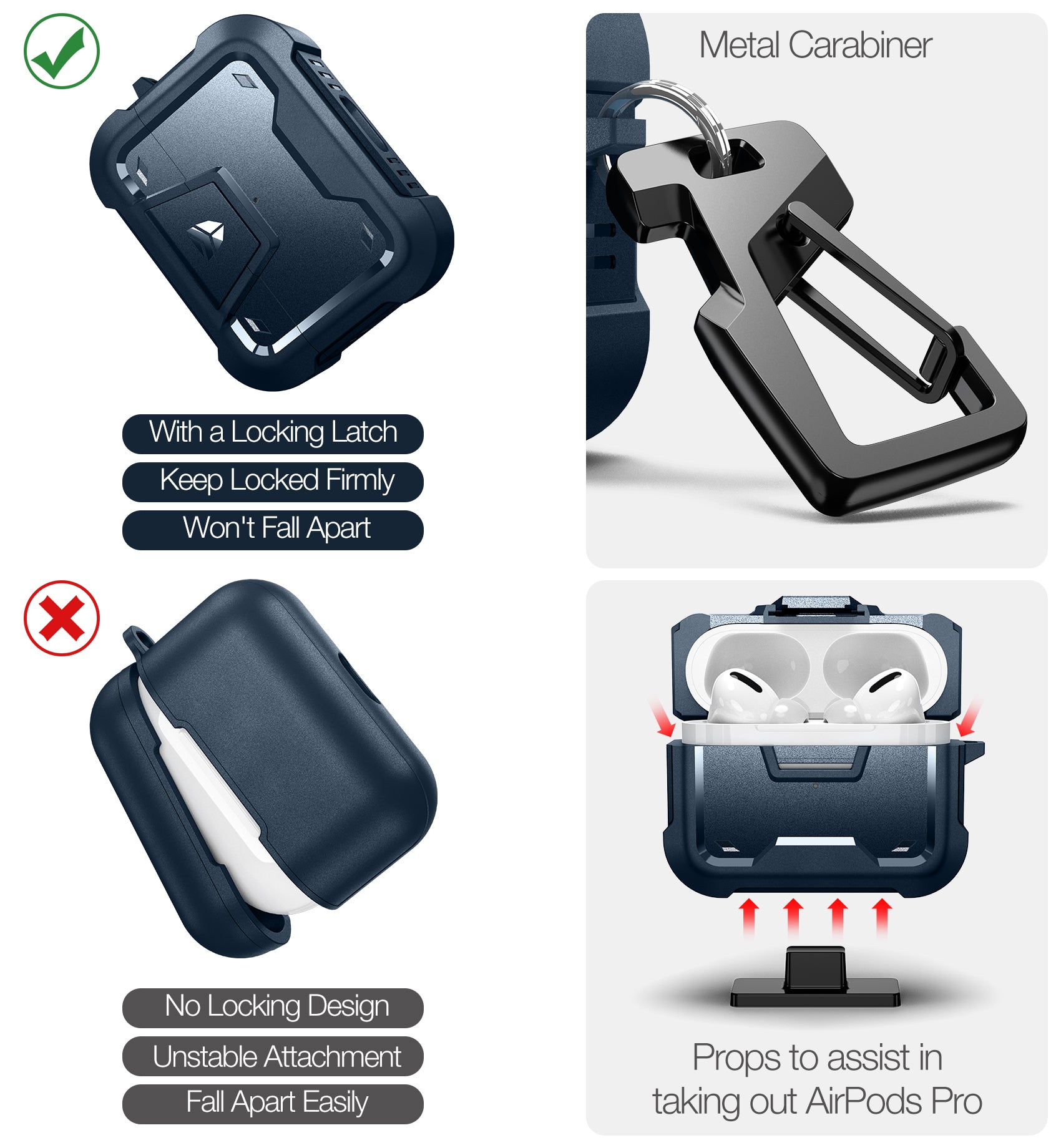 Dexnor Earphone Case for AirPods Pro 2019 with Secure Lock and Carabiner Full Body Bumper Shockproof Rugged Cover