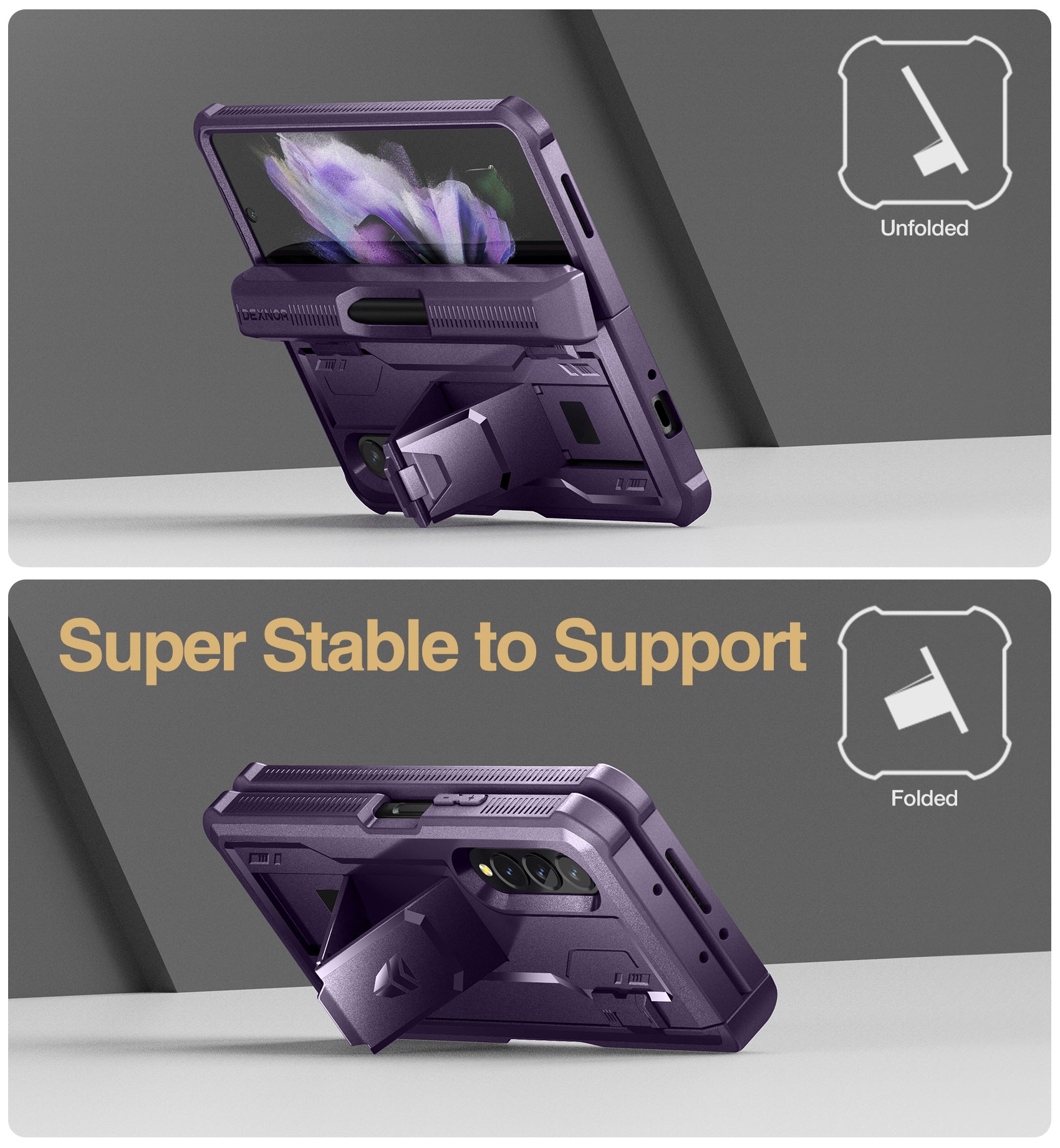 Dexnor Case for Samsung Galaxy Z Fold 3 With Hinge Coverage Screen Protector Full Body Bumper Kickstand Heavy-duty Shockproof Rugged Cover.