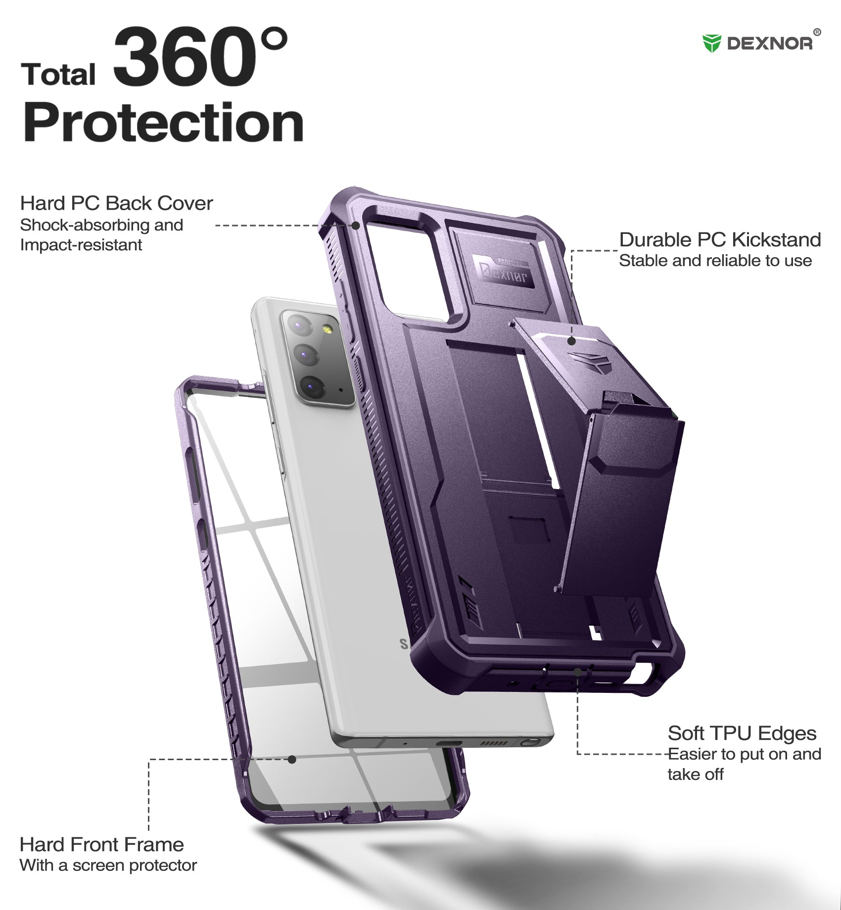 Dexnor Case for Samsung Galaxy Note 20 With Single Screen Protector Full Body Bumper Kickstand Heavy-duty Shockproof Rugged Cover.