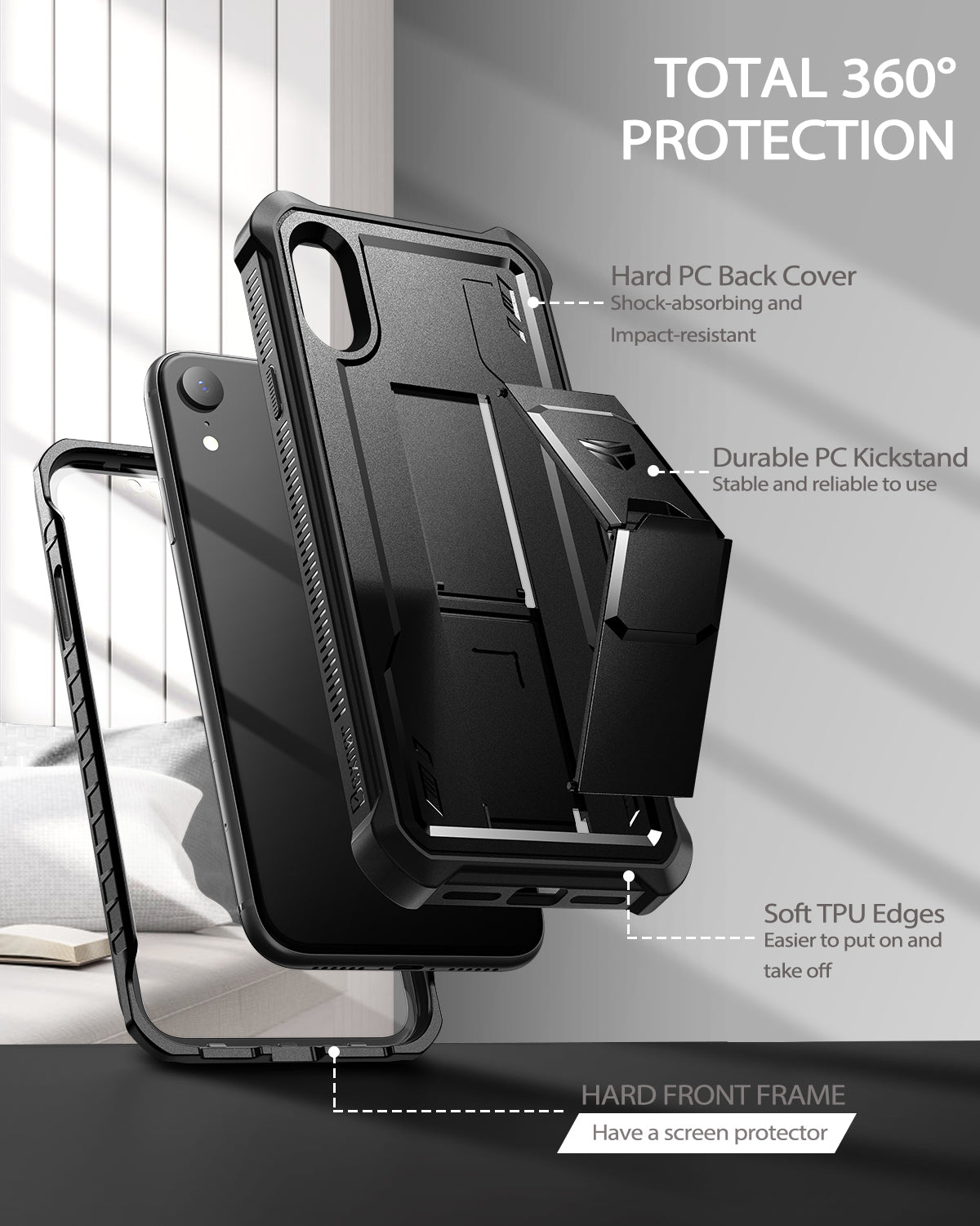 Dexnor Case for iPhone XR With Screen Protector Full Body Bumper Kickstand Heavy-duty Shockproof Rugged Cover.