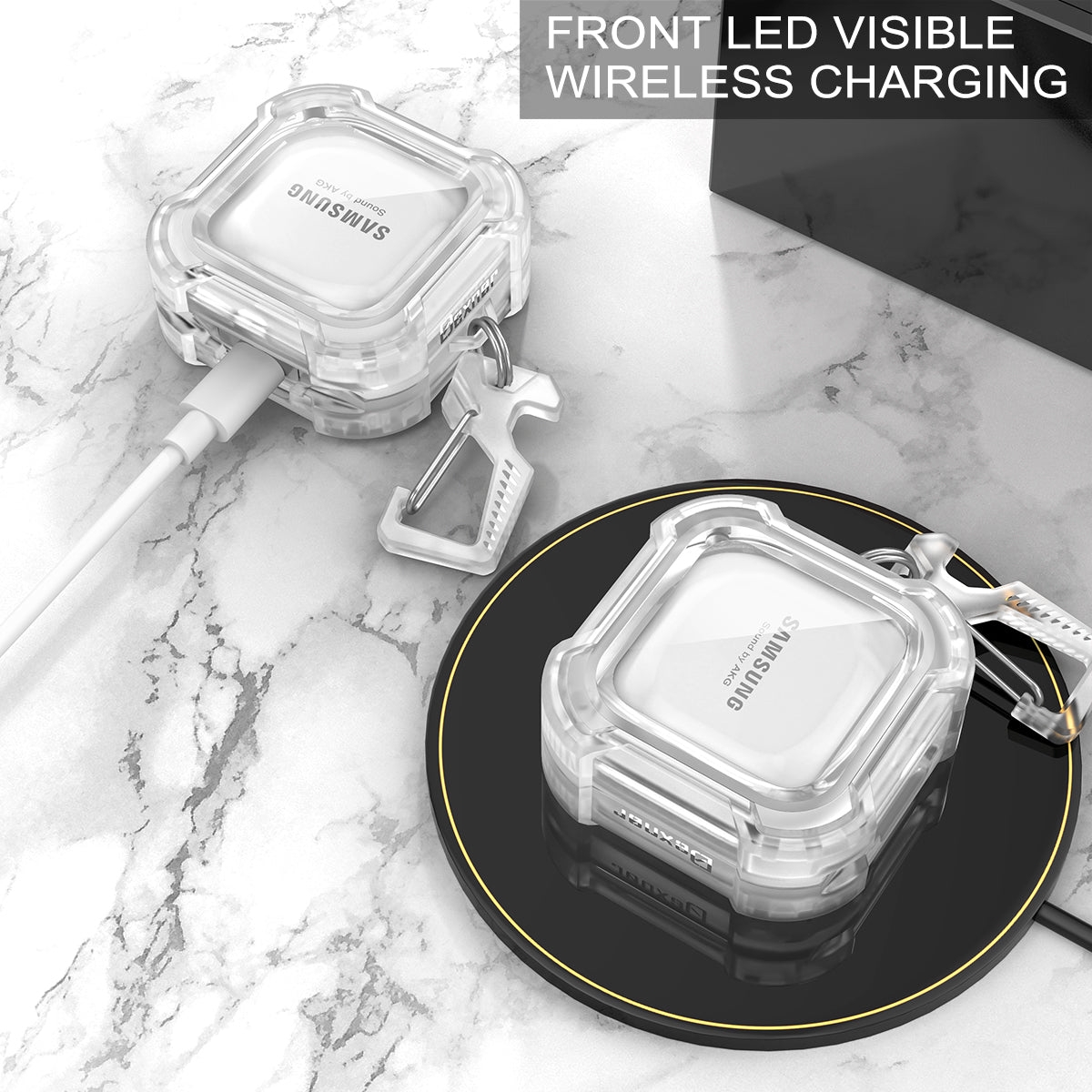 Dexnor Earphone Case For Samsung Galaxy Buds Live / Pro / Buds2 / Buds2 Pro /FE(2023) with Secure Lock and Carabiner Full Body Bumper Shockproof Rugged Cover Electroplating version.