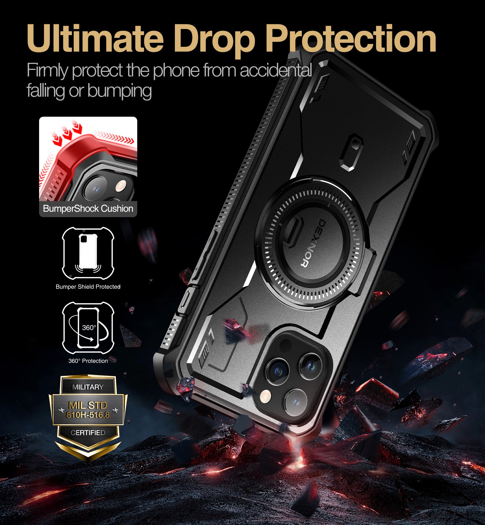Dexnor Black Case For iPhone 12 Pro Max With MagSafe Heavy-duty Shockproof Full Body Built-in Screen Protector Adjustable Kickstand
