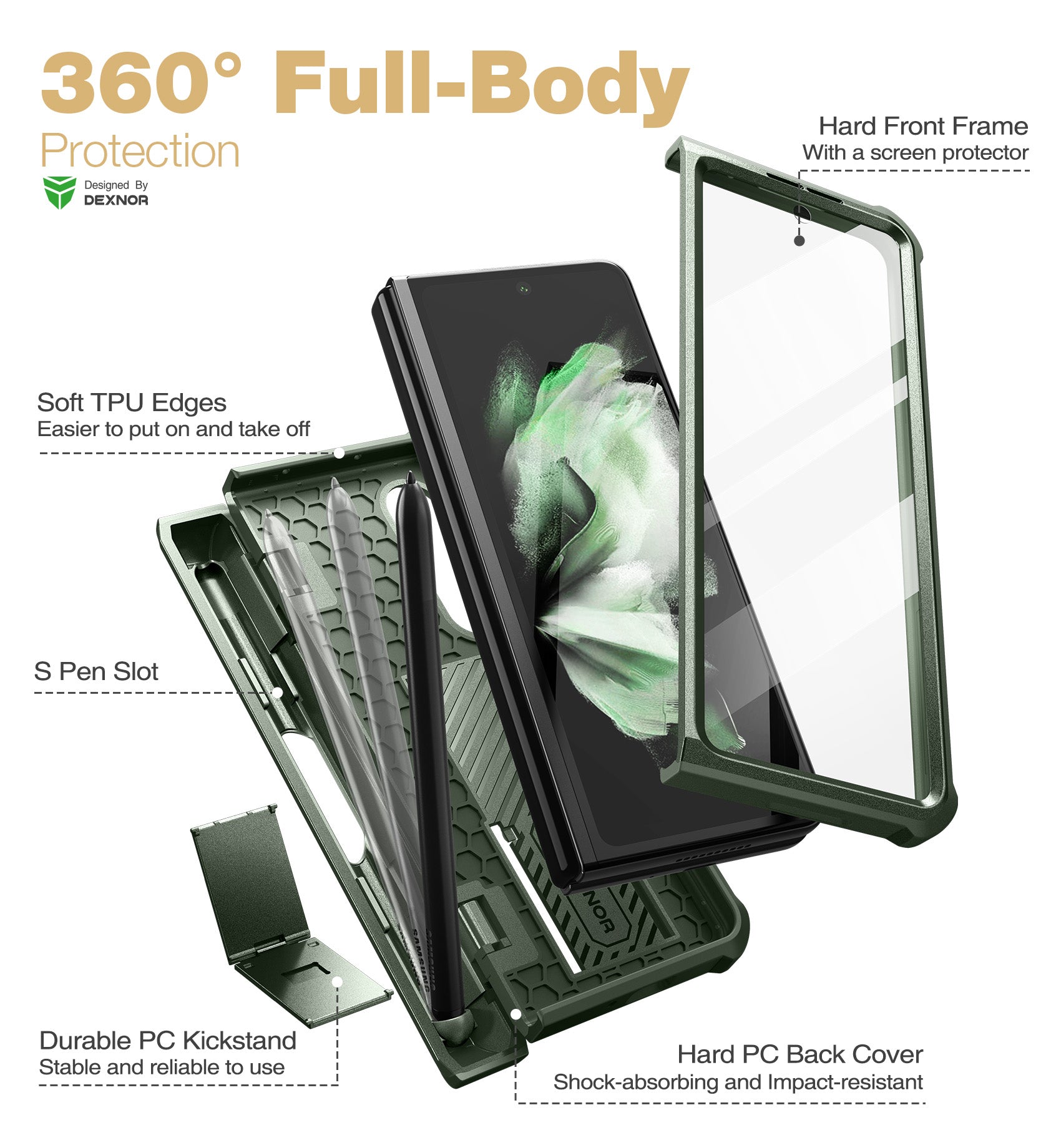 Dexnor Case for Samsung Galaxy Z Fold 3 With Hinge Coverage Screen Protector Full Body Bumper Kickstand Heavy-duty Shockproof Rugged Cover.
