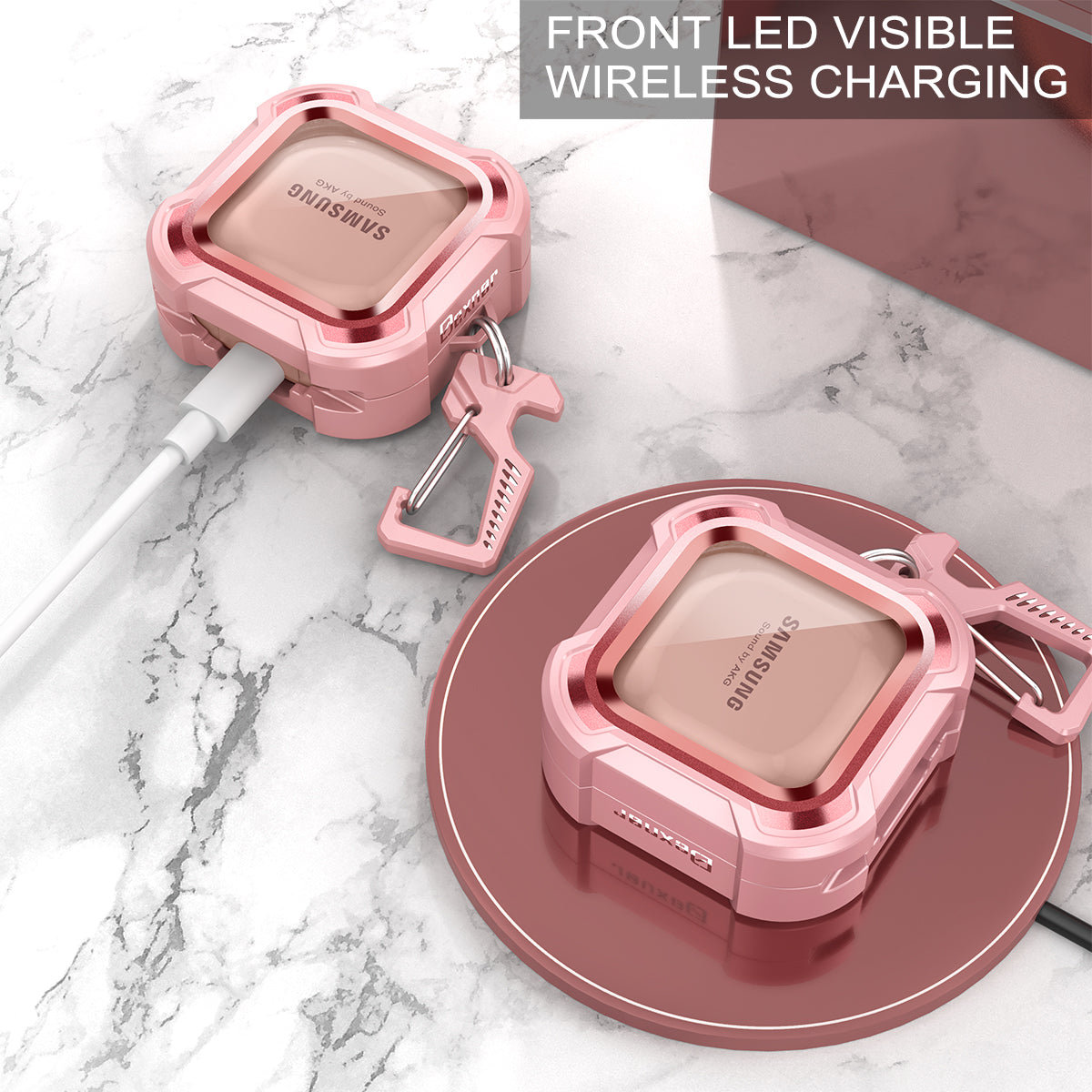 Dexnor Earphone Case For Samsung Galaxy Buds Live / Pro / Buds2 / Buds2 Pro /FE(2023) with Secure Lock and Carabiner Full Body Bumper Shockproof Rugged Cover Electroplating version.