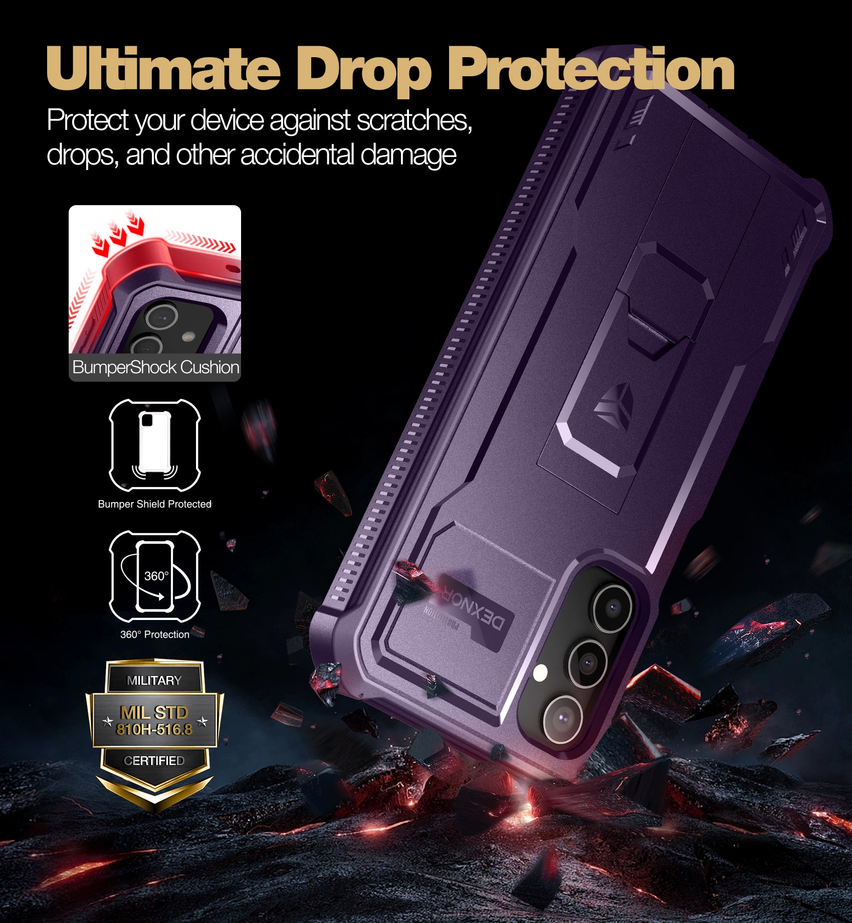Dexnor Case for Samsung Galaxy A34 5G With Screen Protector Full Body Bumper Kickstand Heavy-duty Shockproof Rugged Cover.