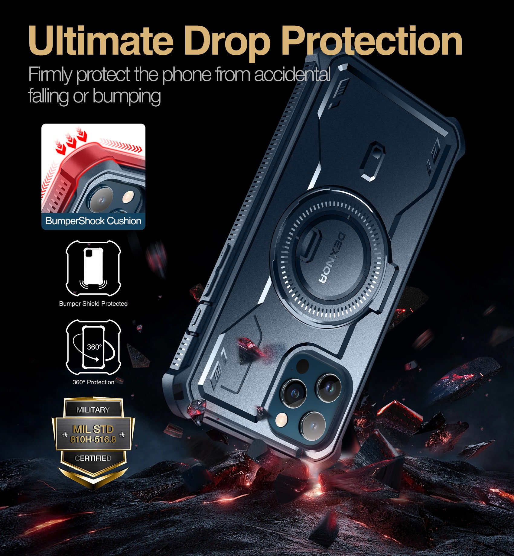 Dexnor Black Case For iPhone 12 Pro Max With MagSafe Heavy-duty Shockproof Full Body Built-in Screen Protector Adjustable Kickstand