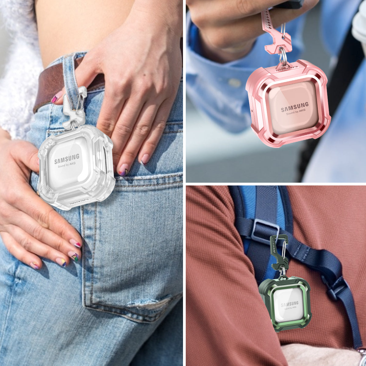 Dexnor Earphone Case For Samsung Galaxy Buds Live / Pro / Buds2 / Buds2 Pro /FE(2023) with Secure Lock and Carabiner Full Body Bumper Shockproof Rugged Cover Electroplating version.