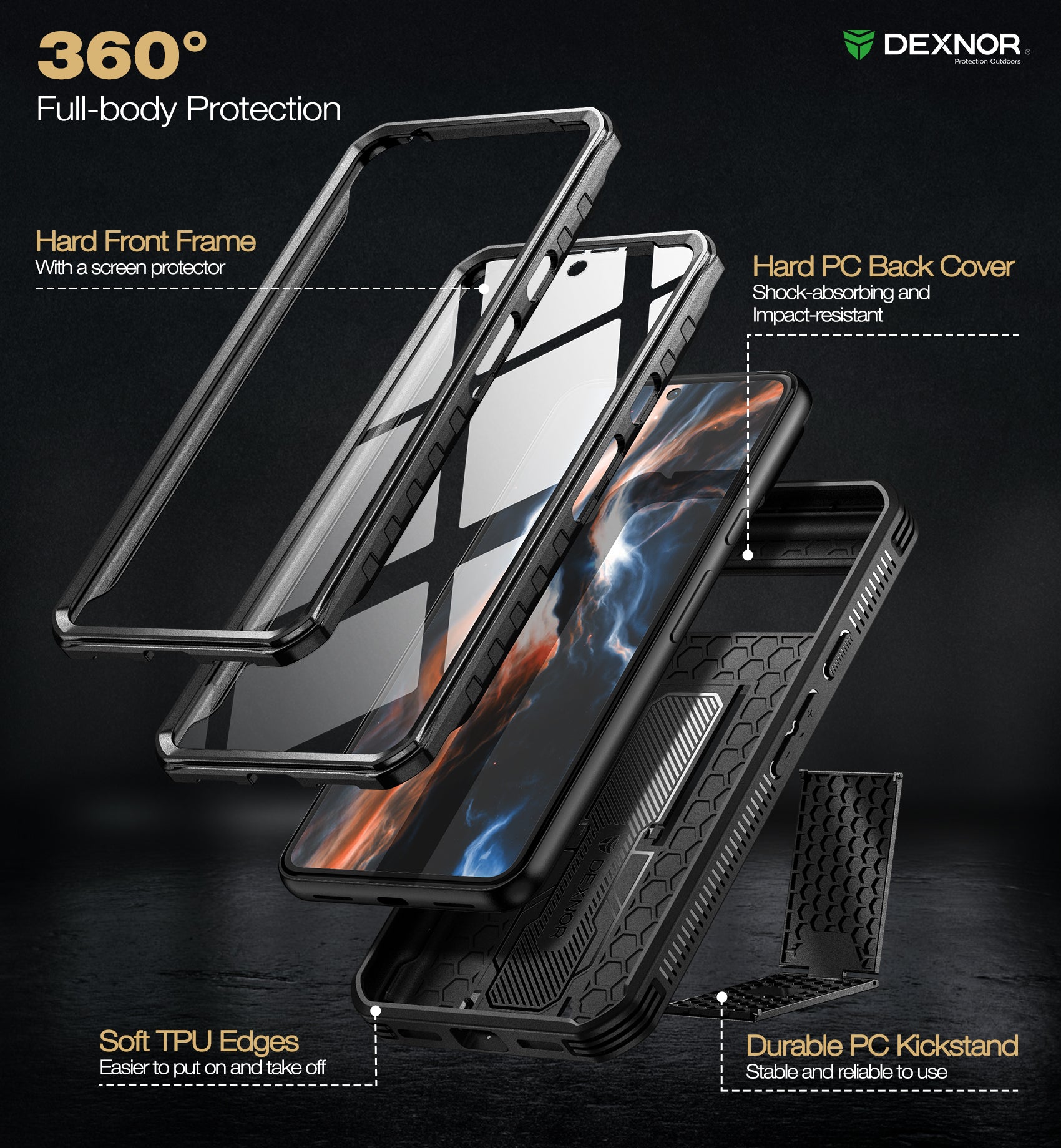 Dexnor Case for Google Pixel 8 With 2 Screen Protector Full Body Bumper Kickstand Heavy-duty Shockproof Rugged Cover.
