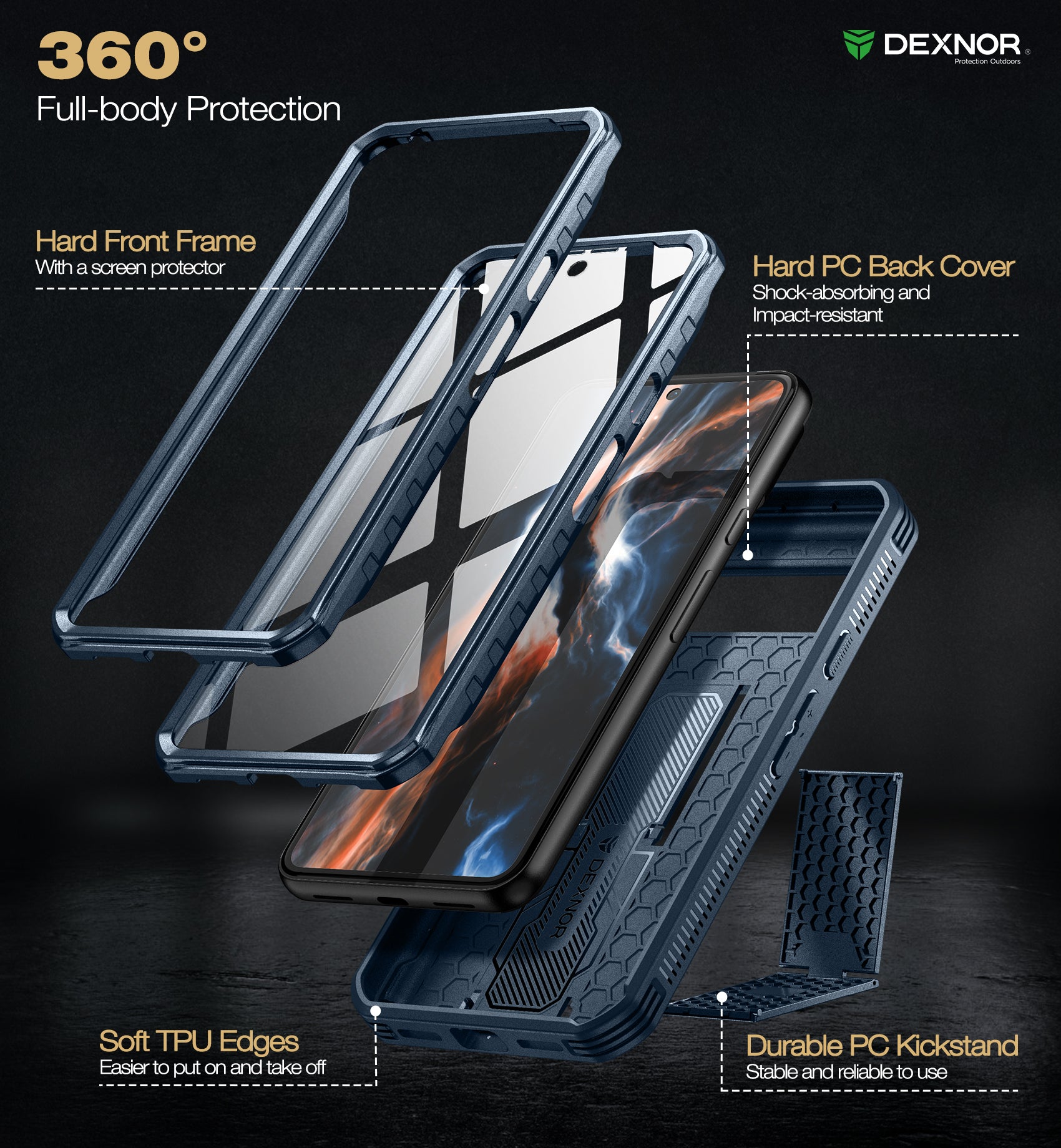 Dexnor Case for Google Pixel 8 With 2 Screen Protector Full Body Bumper Kickstand Heavy-duty Shockproof Rugged Cover.