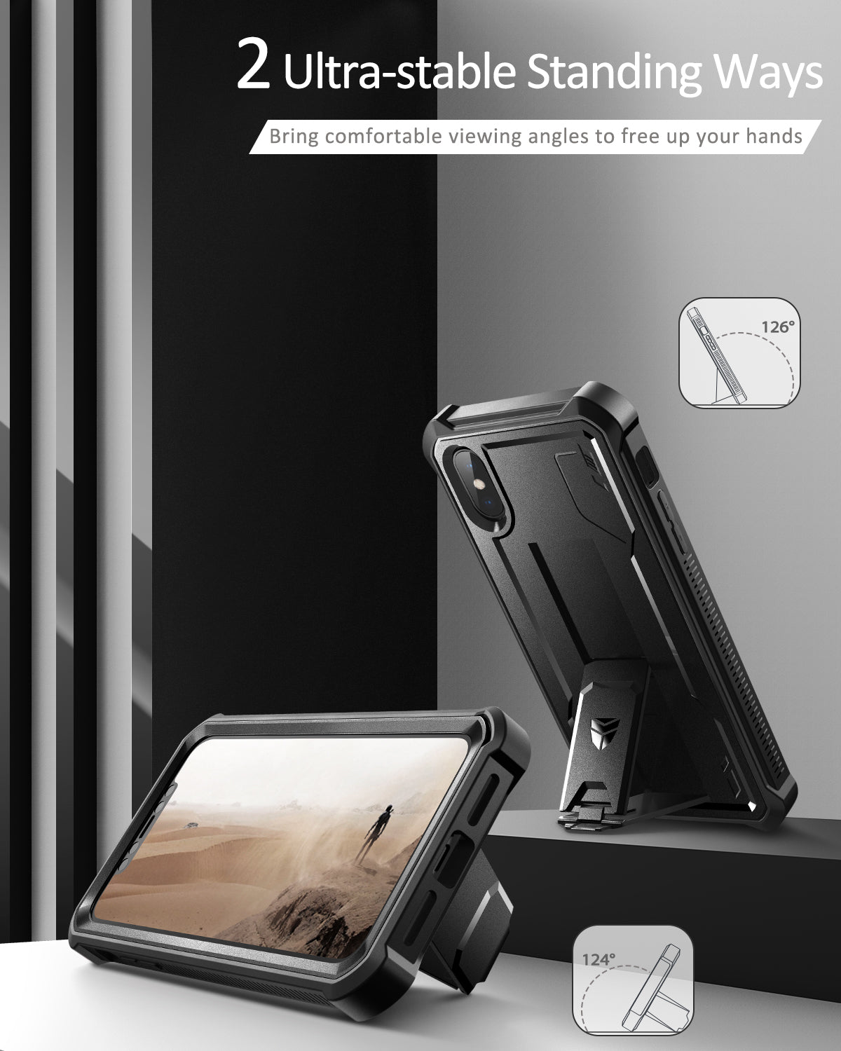 Dexnor Case for iPhone XS Max With Screen Protector Full Body Bumper Kickstand Heavy-duty Shockproof Rugged Cover.