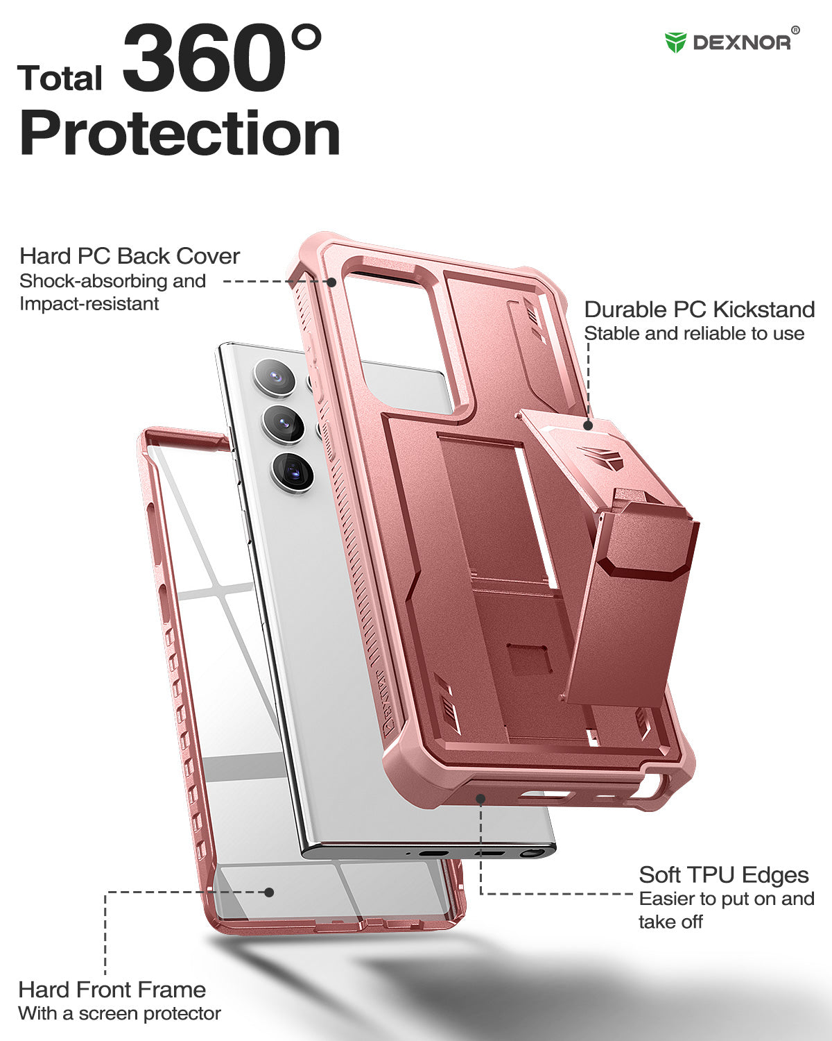 Dexnor Case for Samsung Galaxy S22 Ultra With Screen Protector Full Body Bumper Kickstand Heavy-duty Shockproof Rugged Cover.