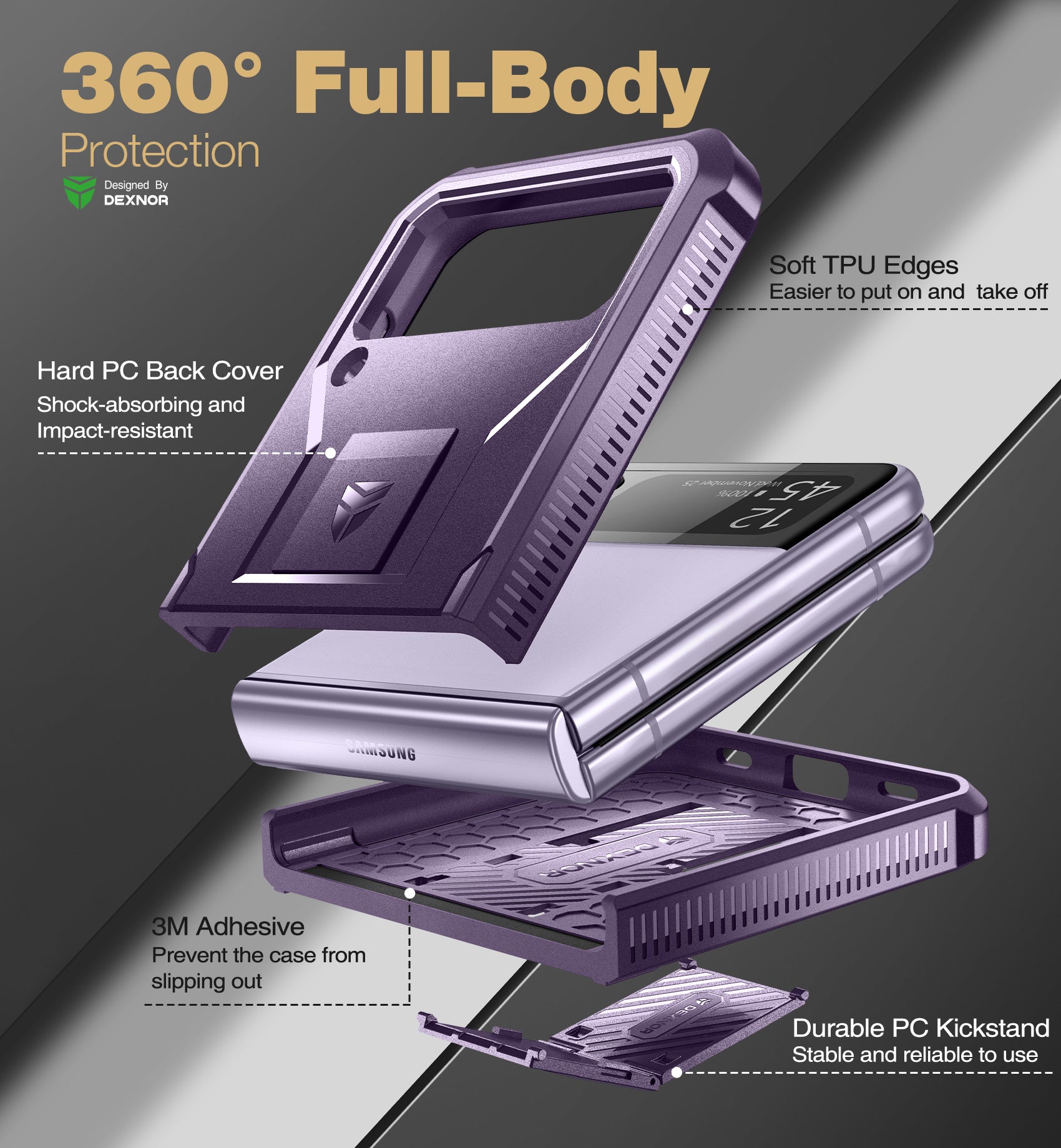 Dexnor Case for Samsung Galaxy Z Flip 4  Hinge Coverage With Screen Protector Full Body Bumper Kickstand Hinge Coverage Shockproof Rugged  Cover