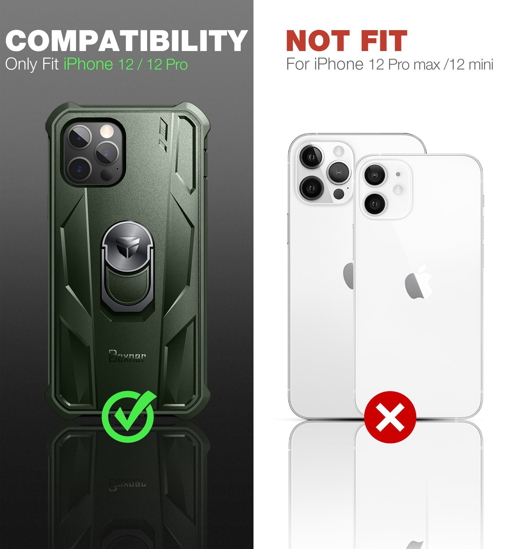 Dexnor Rugged Full Body Case for iPhone 12/12 Pro with Screen Protector & Ring Kickstand Car Mount, Slim Shockproof Protective Bumper Cover with Anti Dust Plugs.