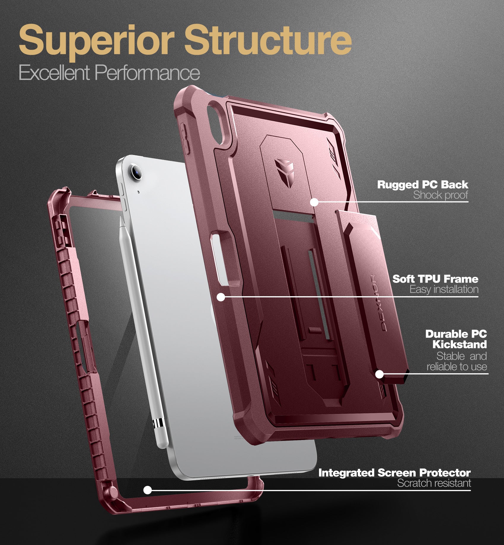 Dexnor Tablet Case for iPad 2022 With Screen Protector Full Body Bumper Kickstand Heavy-duty Shockproof Rugged Pen Holder Cover.