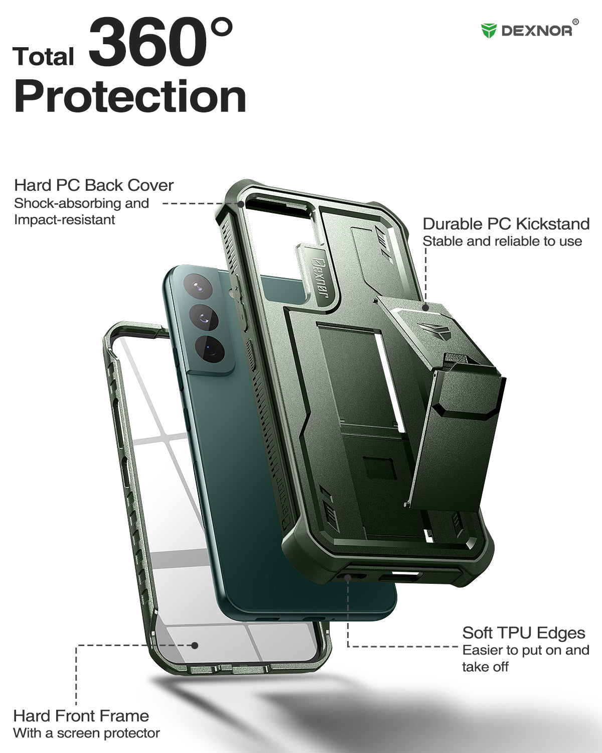 Dexnor Case for Samsung Galaxy S22 With Single Screen Protector Full Body Bumper Kickstand Heavy-duty Shockproof Rugged Cover.