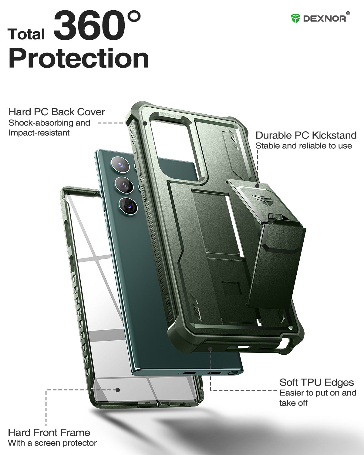 Dexnor Case for Samsung Galaxy S22 Ultra With Screen Protector Full Body Bumper Kickstand Heavy-duty Shockproof Rugged Cover.