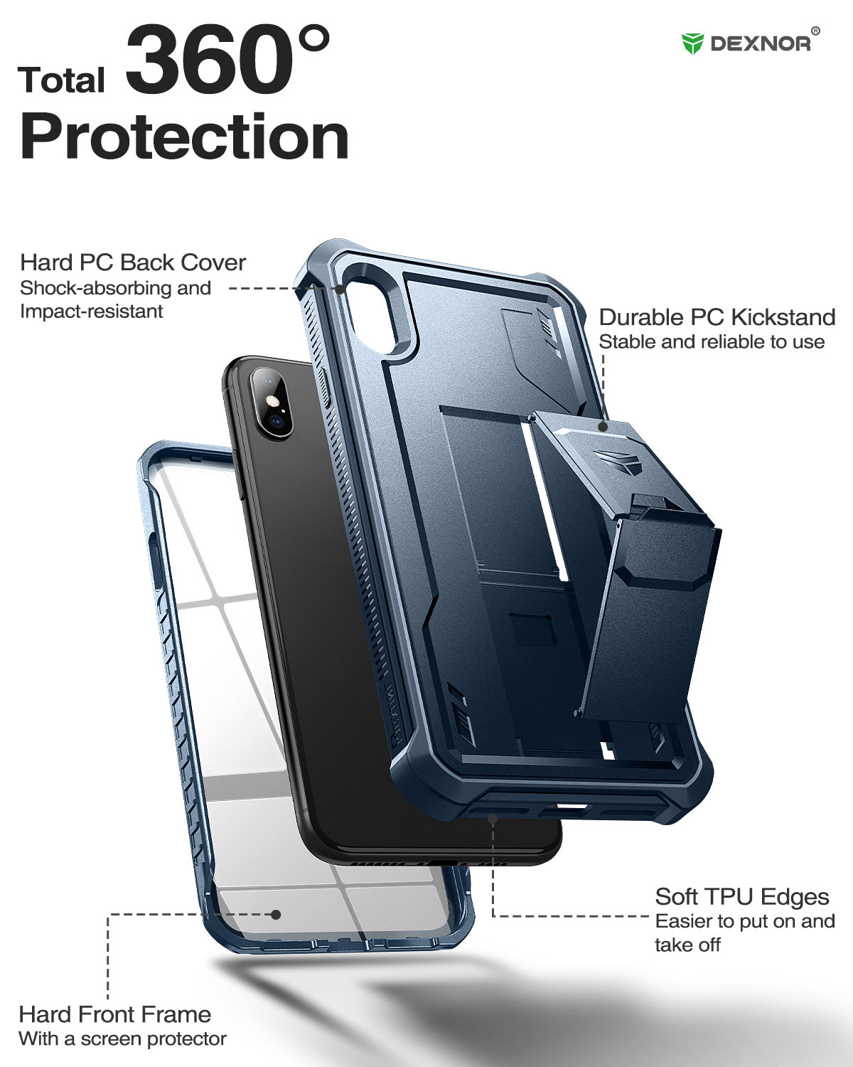 Dexnor Case for iPhone XS Max With Screen Protector Full Body Bumper Kickstand Heavy-duty Shockproof Rugged Cover.