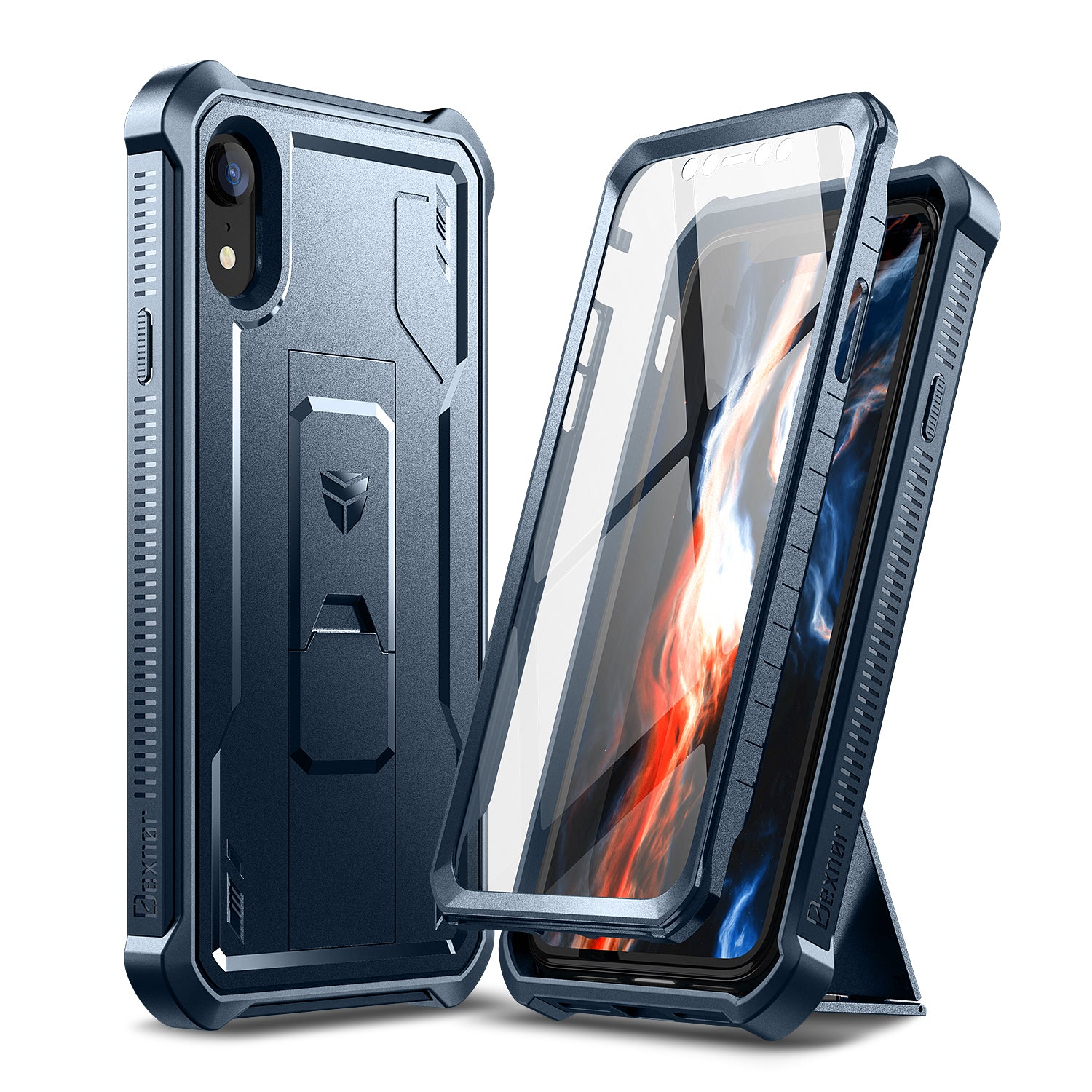 Dexnor Case for iPhone XR With Screen Protector Full Body Bumper Kickstand Heavy-duty Shockproof Rugged Cover.