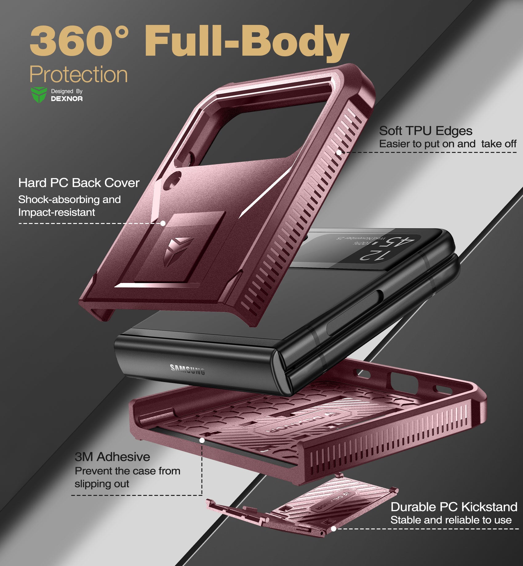 Dexnor Case for Samsung Galaxy Z Flip 3 Hinge Coverage With Screen Protector Full Body Bumper Kickstand Hinge Coverage Shockproof Rugged Cover