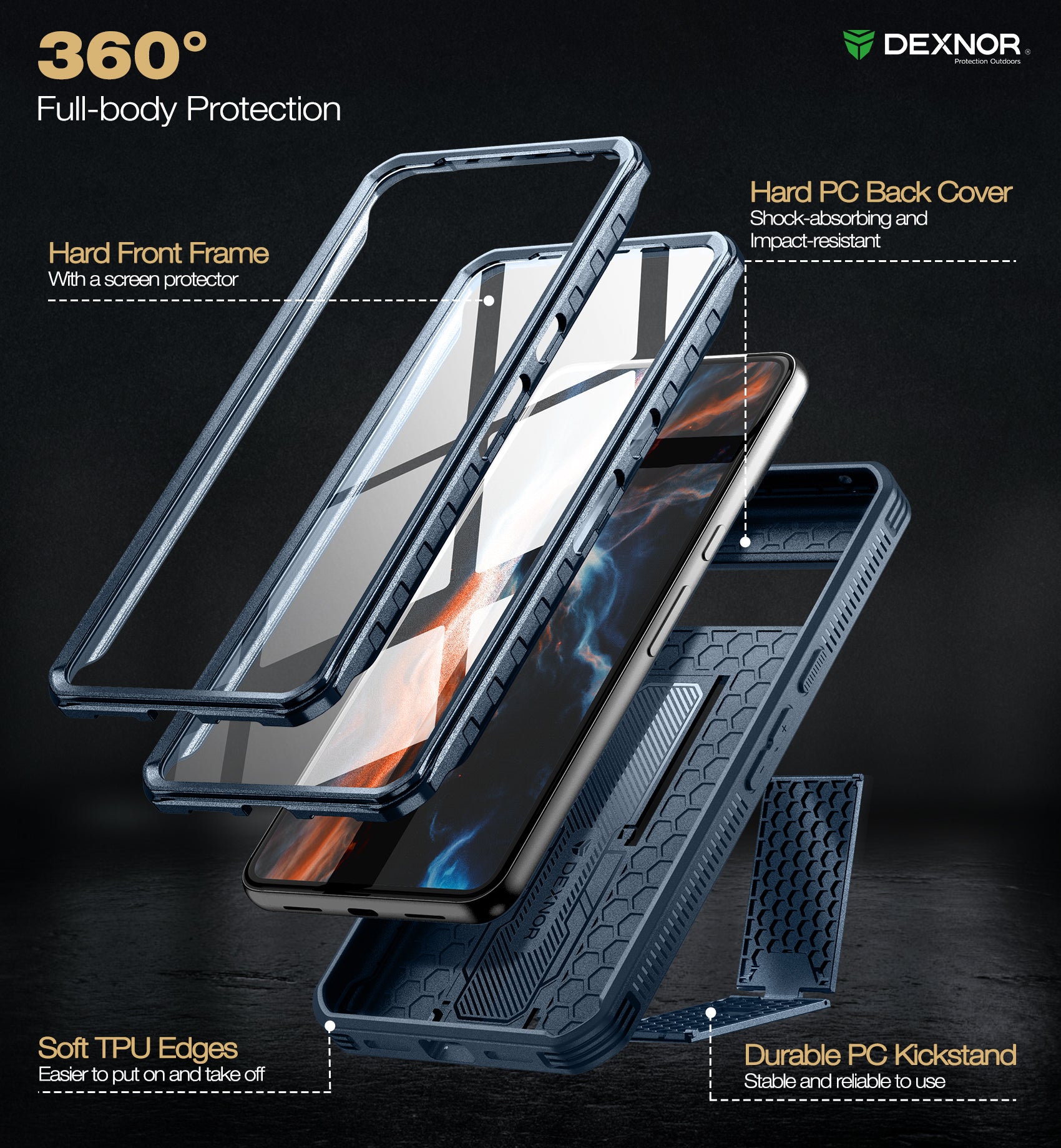 Dexnor Case for Google Pixel 8 Pro With 2 Screen Protector Full Body Bumper Kickstand Heavy-duty Shockproof Rugged Cover.