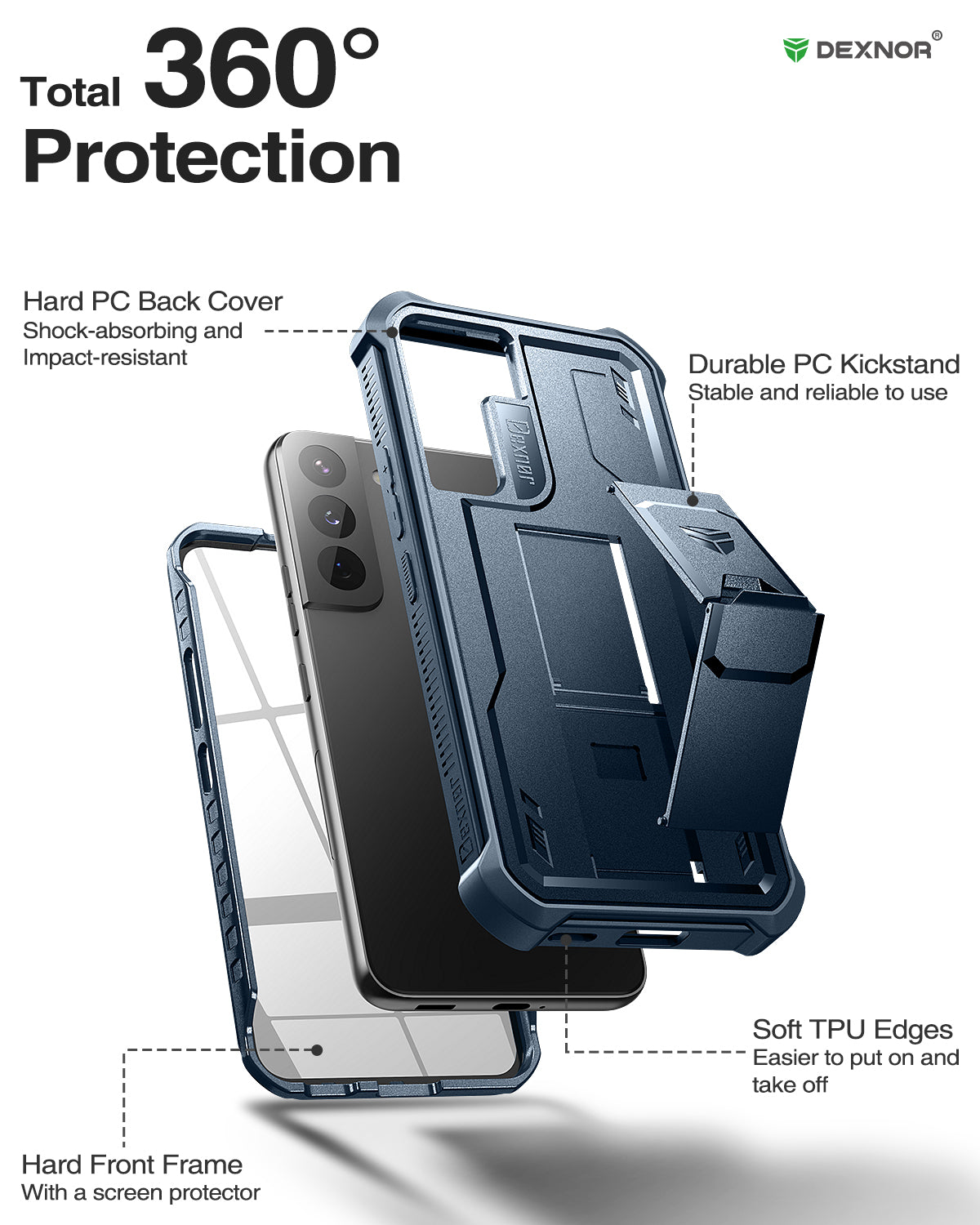 Dexnor Case for Samsung Galaxy S22 With Single Screen Protector Full Body Bumper Kickstand Heavy-duty Shockproof Rugged Cover.