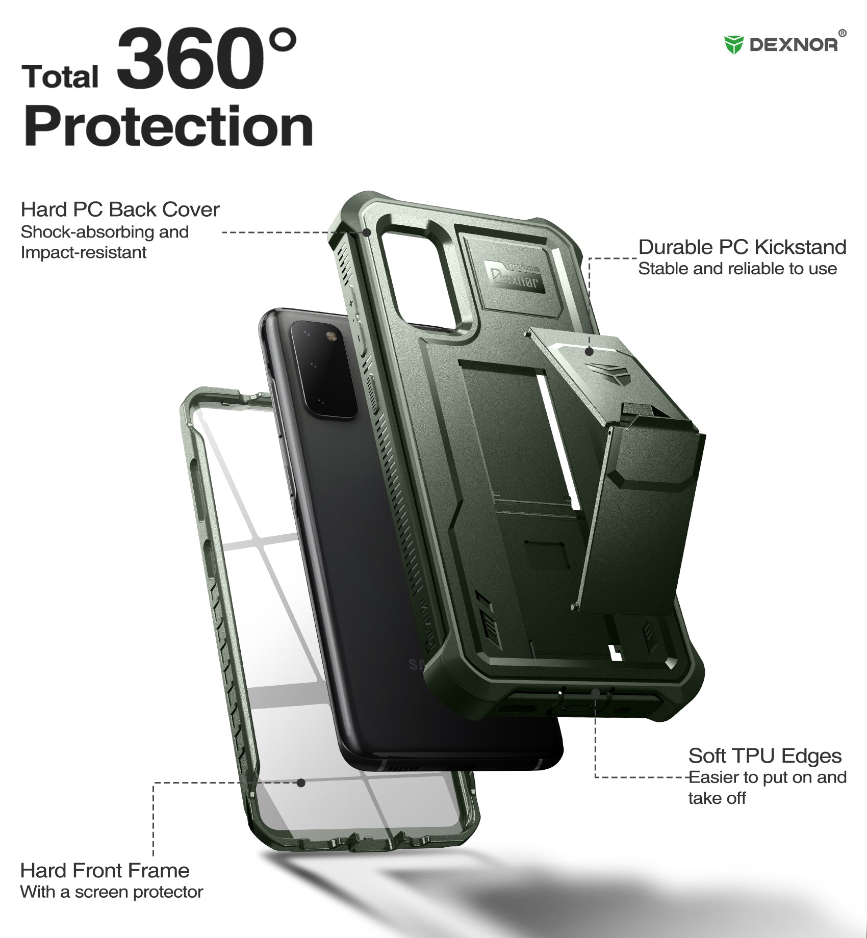 Dexnor Case for Samsung Galaxy S20 With Single Screen Protector Full Body Bumper Kickstand Heavy-duty Shockproof Rugged Cover.