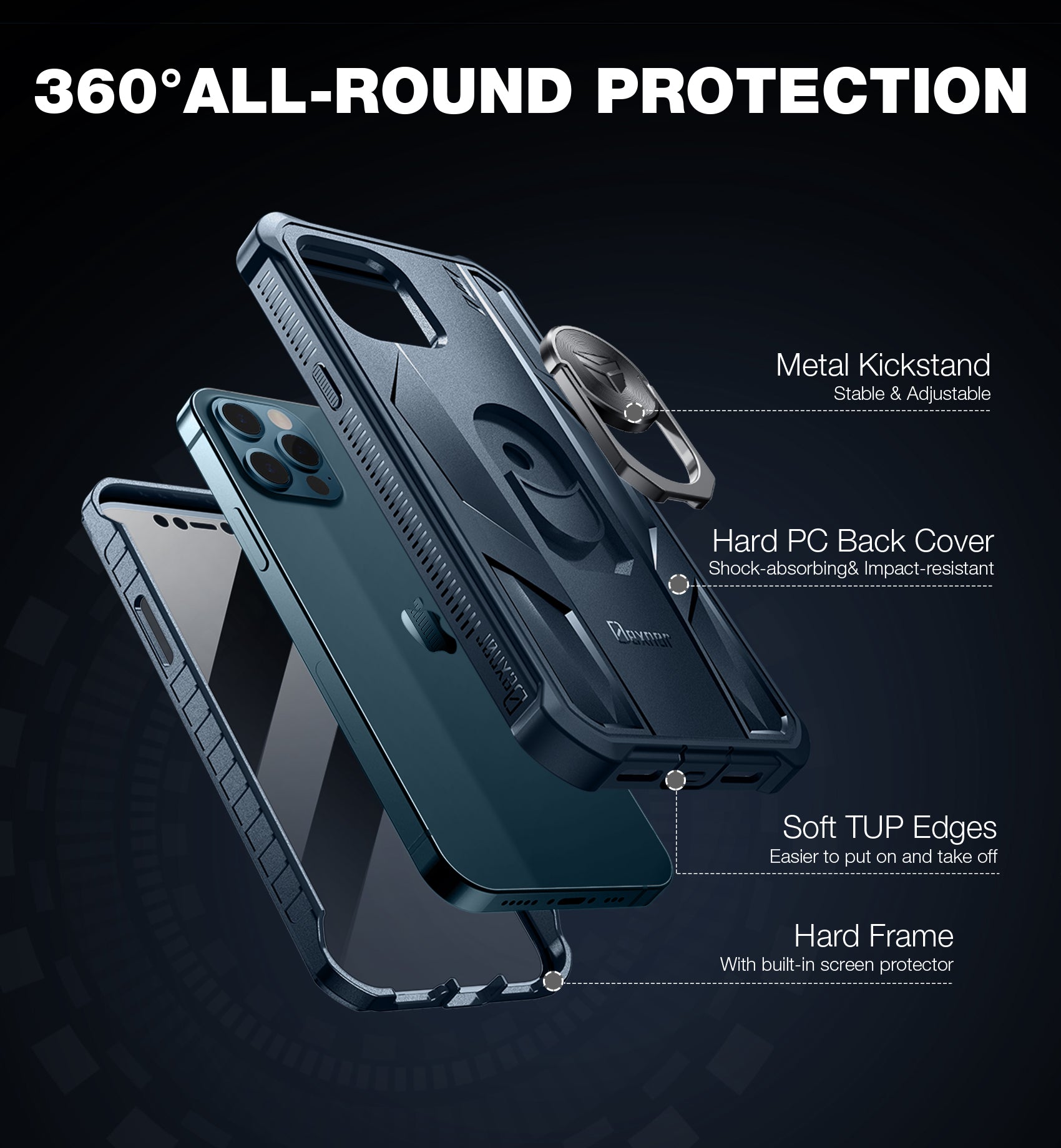 Dexnor Rugged Full Body Case for iPhone 12/12 Pro with Screen Protector & Ring Kickstand Car Mount, Slim Shockproof Protective Bumper Cover with Anti Dust Plugs.