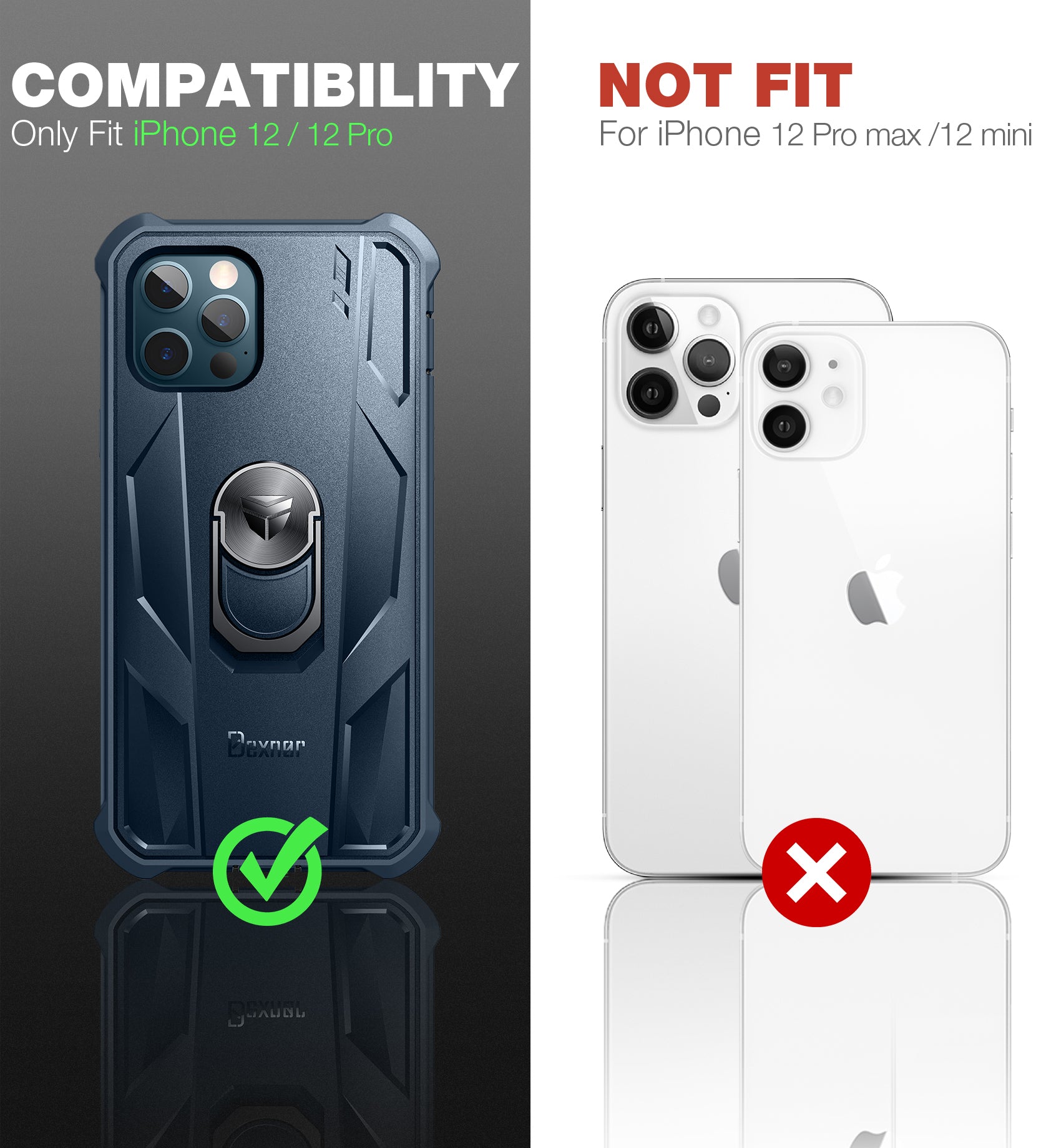 Dexnor Rugged Full Body Case for iPhone 12/12 Pro with Screen Protector & Ring Kickstand Car Mount, Slim Shockproof Protective Bumper Cover with Anti Dust Plugs.