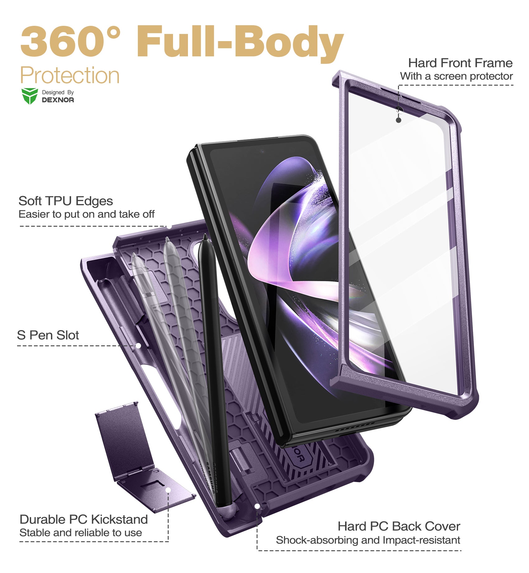 Dexnor Case for Samsung Galaxy Z Fold 4 With Hinge Coverage Screen Protector Full Body Bumper Kickstand Heavy-duty Shockproof Rugged Cover.
