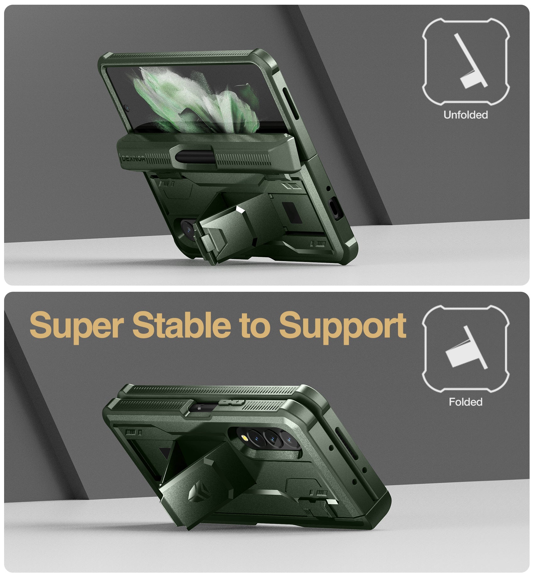 Dexnor Case for Samsung Galaxy Z Fold 3 With Hinge Coverage Screen Protector Full Body Bumper Kickstand Heavy-duty Shockproof Rugged Cover.