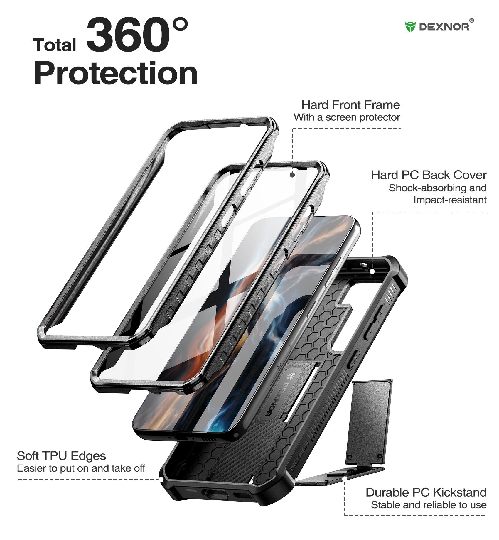 Dexnor Case for Samsung Galaxy S23 With Screen Protector Full Body Bumper Kickstand Heavy-duty Shockproof Rugged Cover.