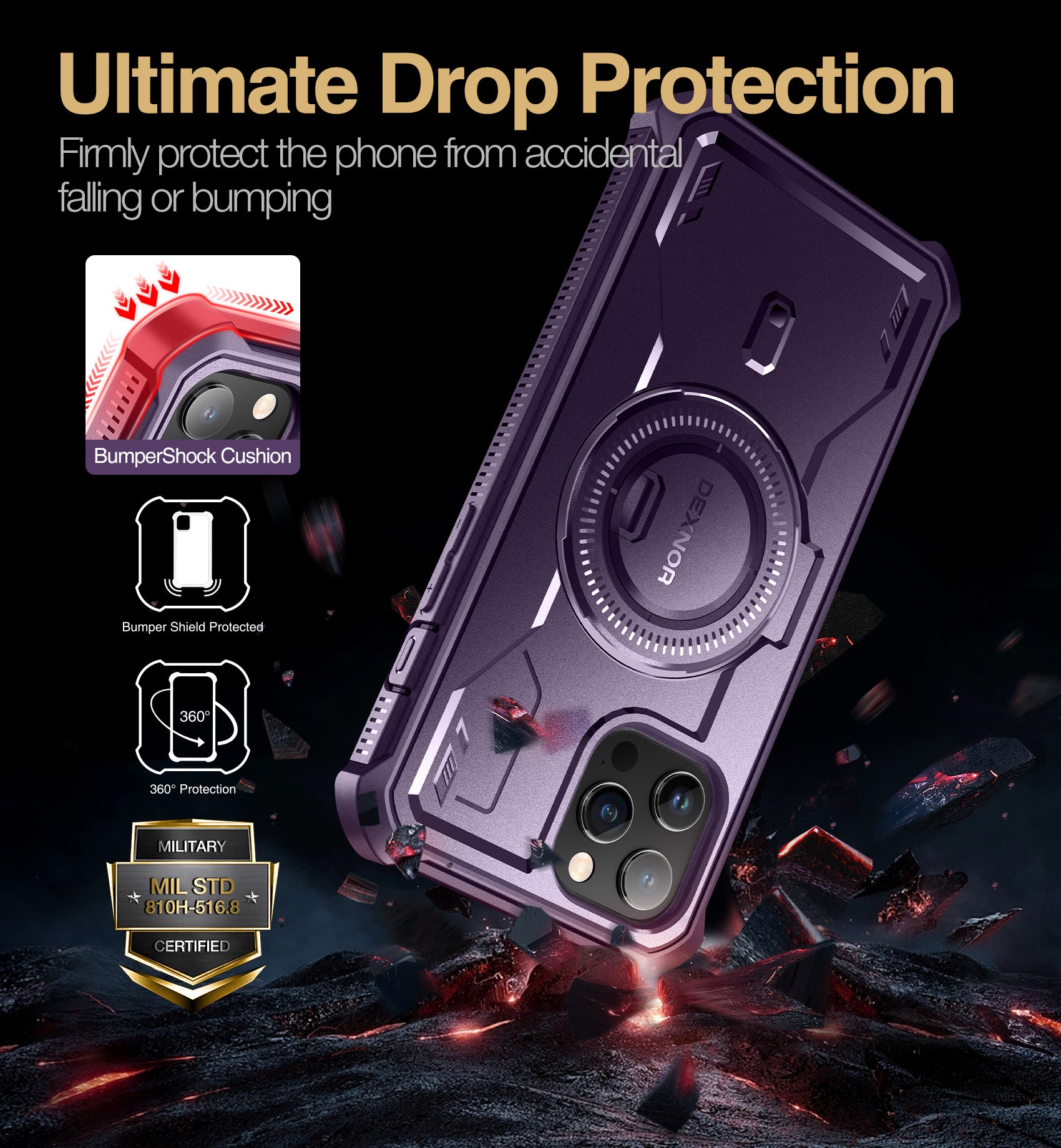 Dexnor Black Case For iPhone 12 Pro Max With MagSafe Heavy-duty Shockproof Full Body Built-in Screen Protector Adjustable Kickstand