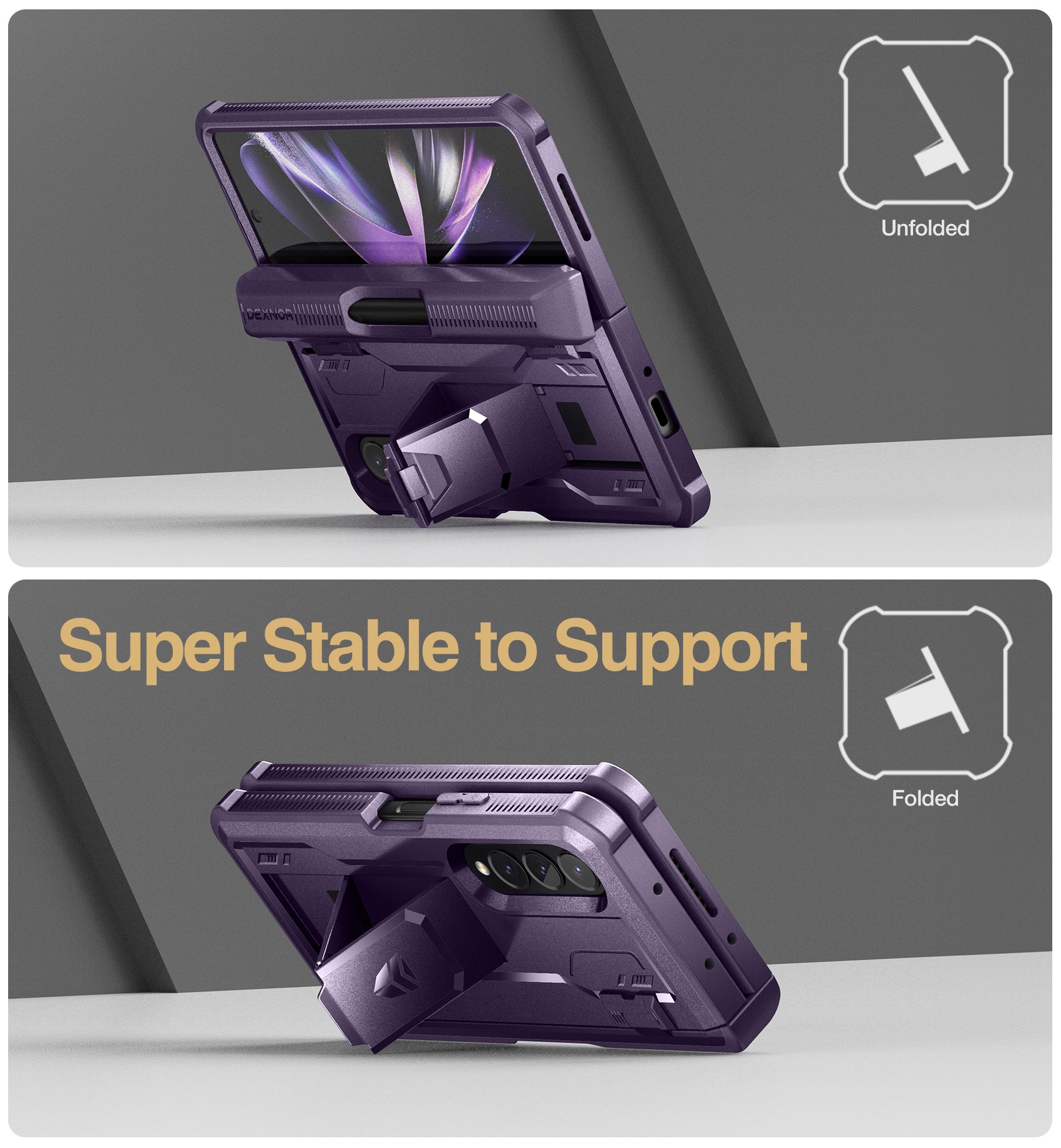 Dexnor Case for Samsung Galaxy Z Fold 4 With Hinge Coverage Screen Protector Full Body Bumper Kickstand Heavy-duty Shockproof Rugged Cover.