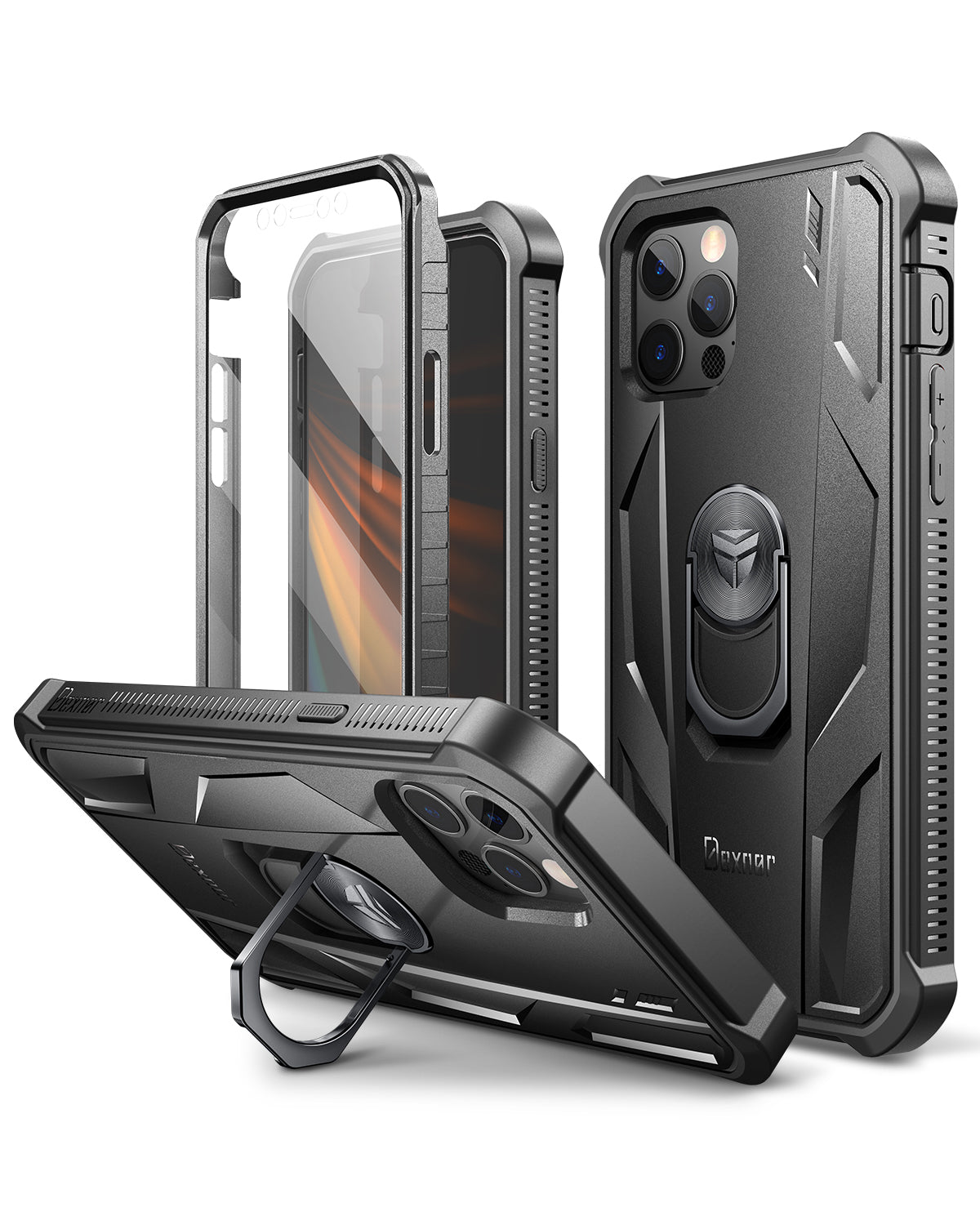Dexnor Rugged Full Body Case for iPhone 12/12 Pro with Screen Protector & Ring Kickstand Car Mount, Slim Shockproof Protective Bumper Cover with Anti Dust Plugs.